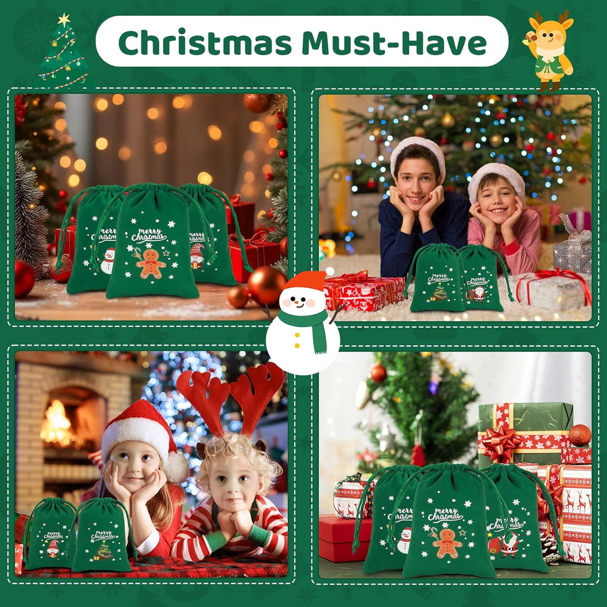 Tapleap Christmas Bags with Drawstring - 50Pcs 3x4 Green Velvet Coth for Wrapping Christmas Party