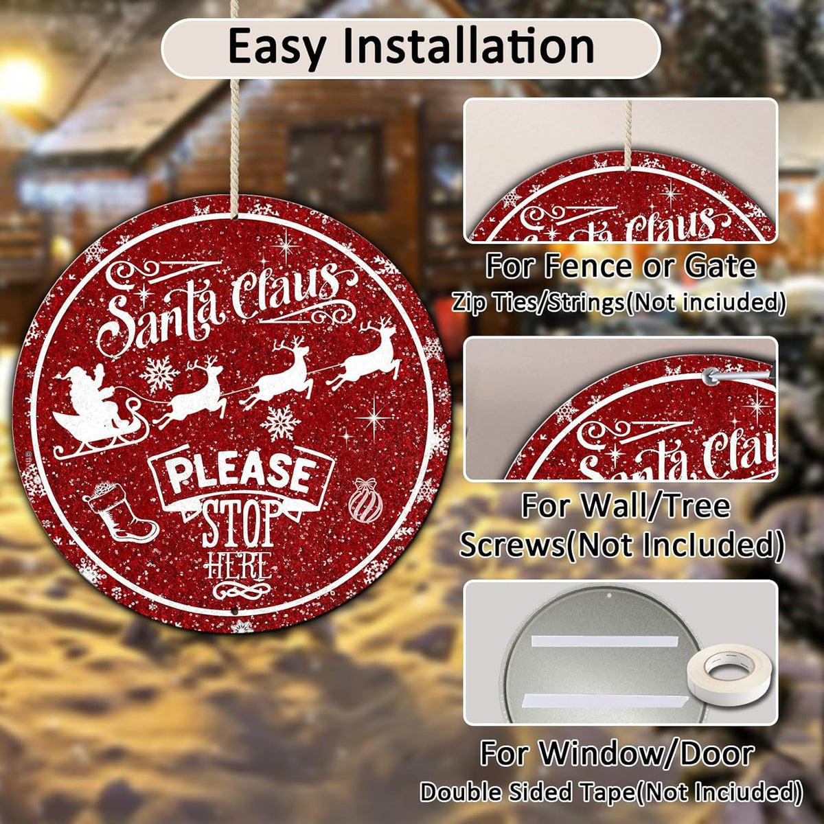 Round Metal Tin Sign - Santa Sleigh Reindeer Vintage Sign - Santa Claus Please Stop Here Sign for