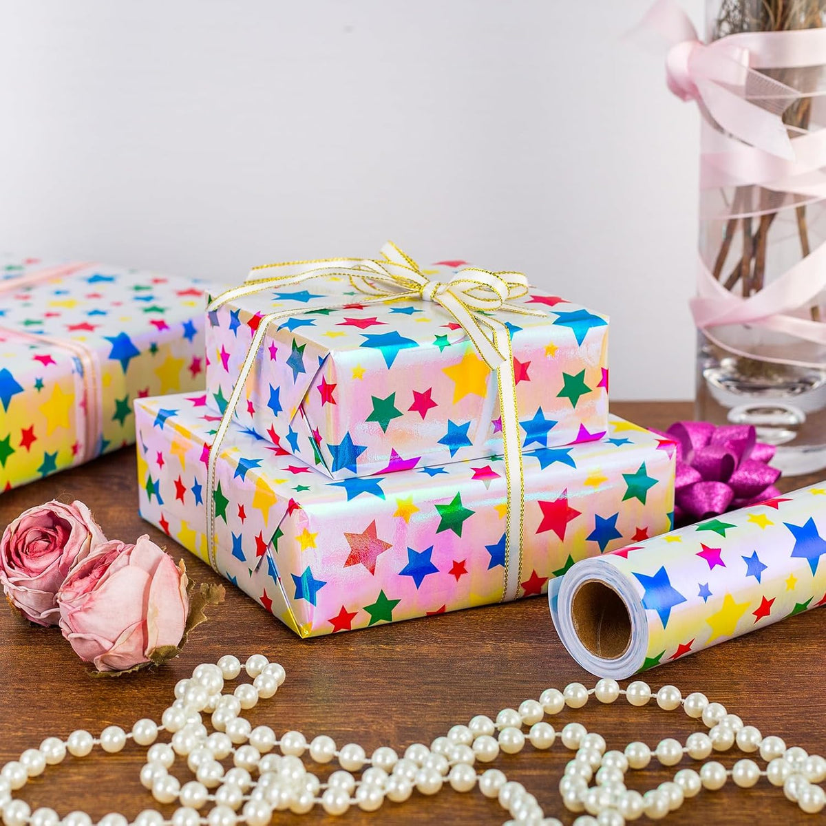 Burymento Holographic Pink Star Gift Wrapping Paper for Birthday, Valentines, Mothers day