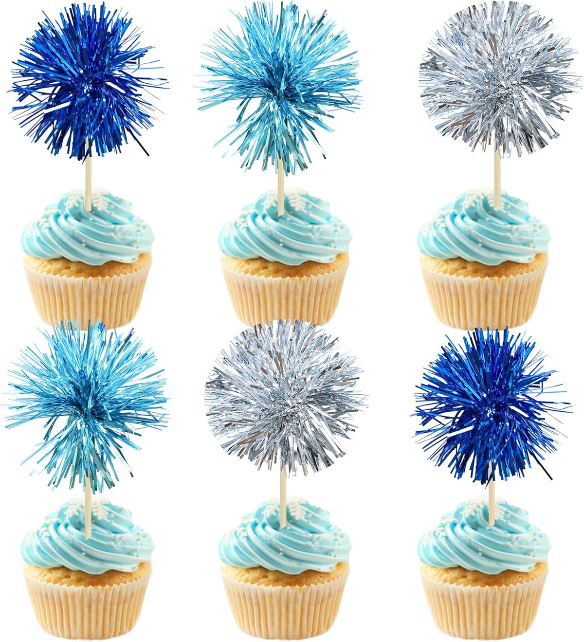 Gyufise 30Pcs Foil Firework Cupcake Toppers Sparkle Tinsel Cake Toppers Tinsel Drink Cake
