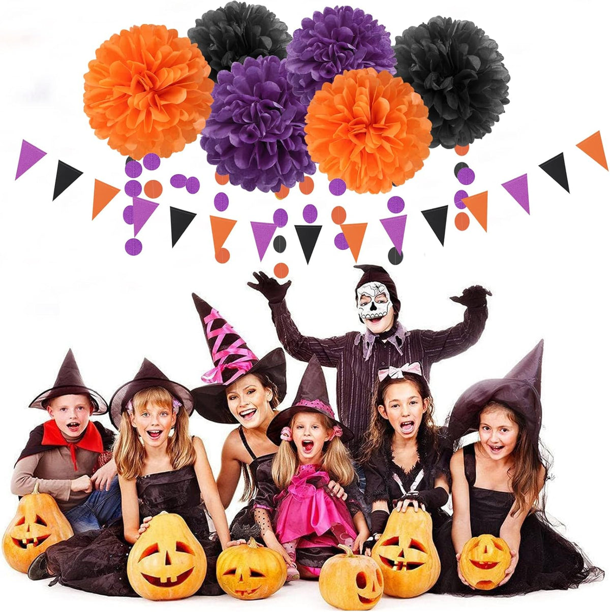 Black Purple Orange Halloween Party-Decorations - 23pcs Tissue Pom Poms Streamers,Tassel Garland