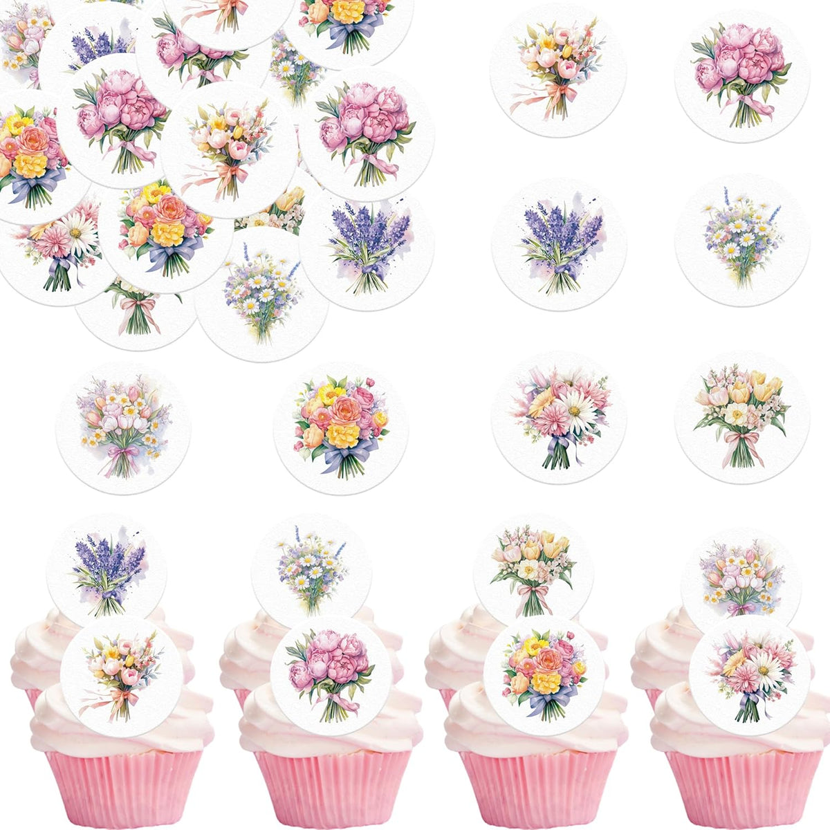 36PCS Edible Flower Bouquet Cupcake Toppers Wafer Paper Roses Daisy Lavender Flower Bouquet