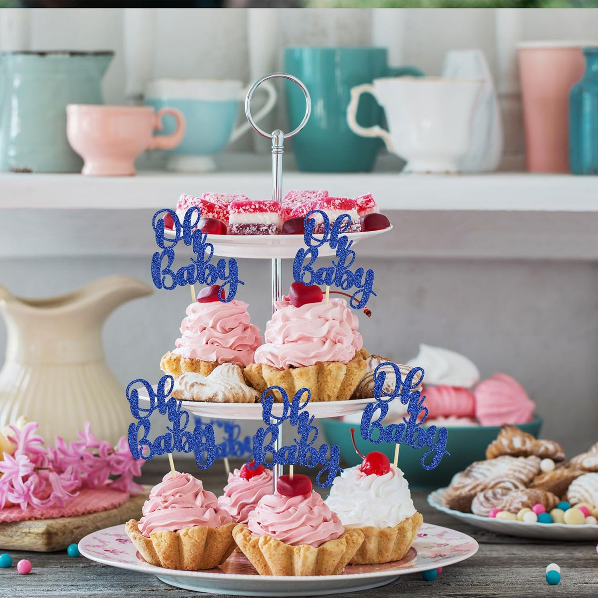Gyufise 36Pcs Oh Baby Cupcake Toppers Glitter Baby Shower Oh Baby Cupcake Picks for Gender Reveal