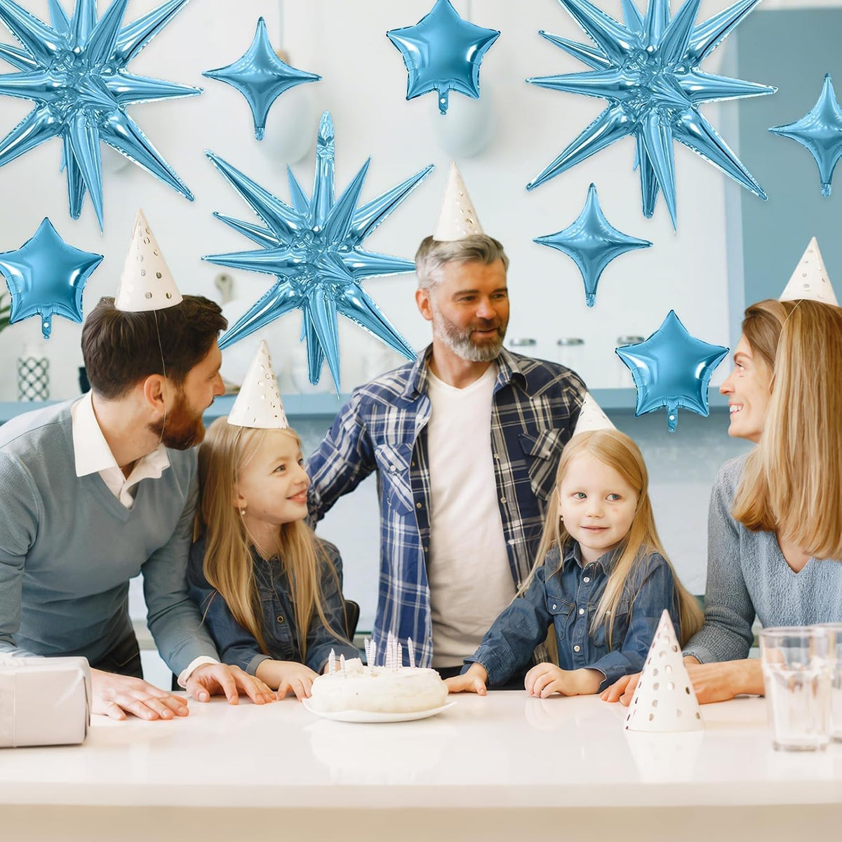 Blue Star Balloon,16Pcs Light Blue Star Foil Balloons Set with 22Inch Explosion Spike Cone Balloons