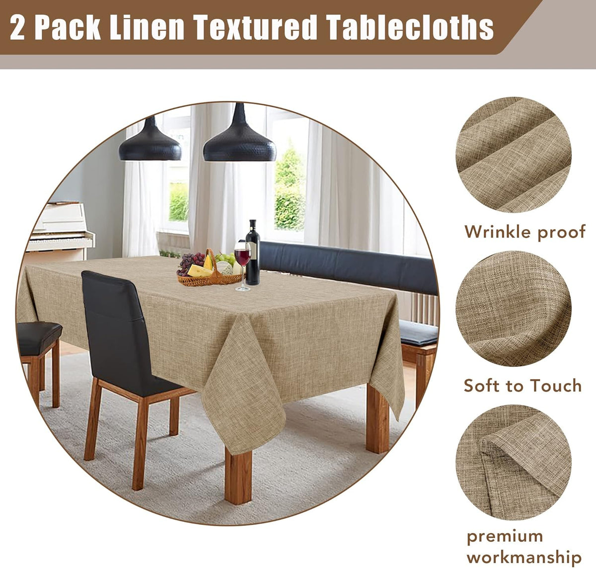 Fitable Faux Linen Table Clothes 60 x 84 Inch - 2 Pack Khaki Tablecloths for Rectangle Tables, Faux