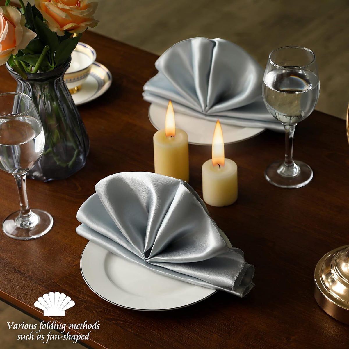 Manyshofu 50 Pieces Silver Satin Napkins - 12x12 Inches Cloth Napkins, Square Satin Fabric Napkin