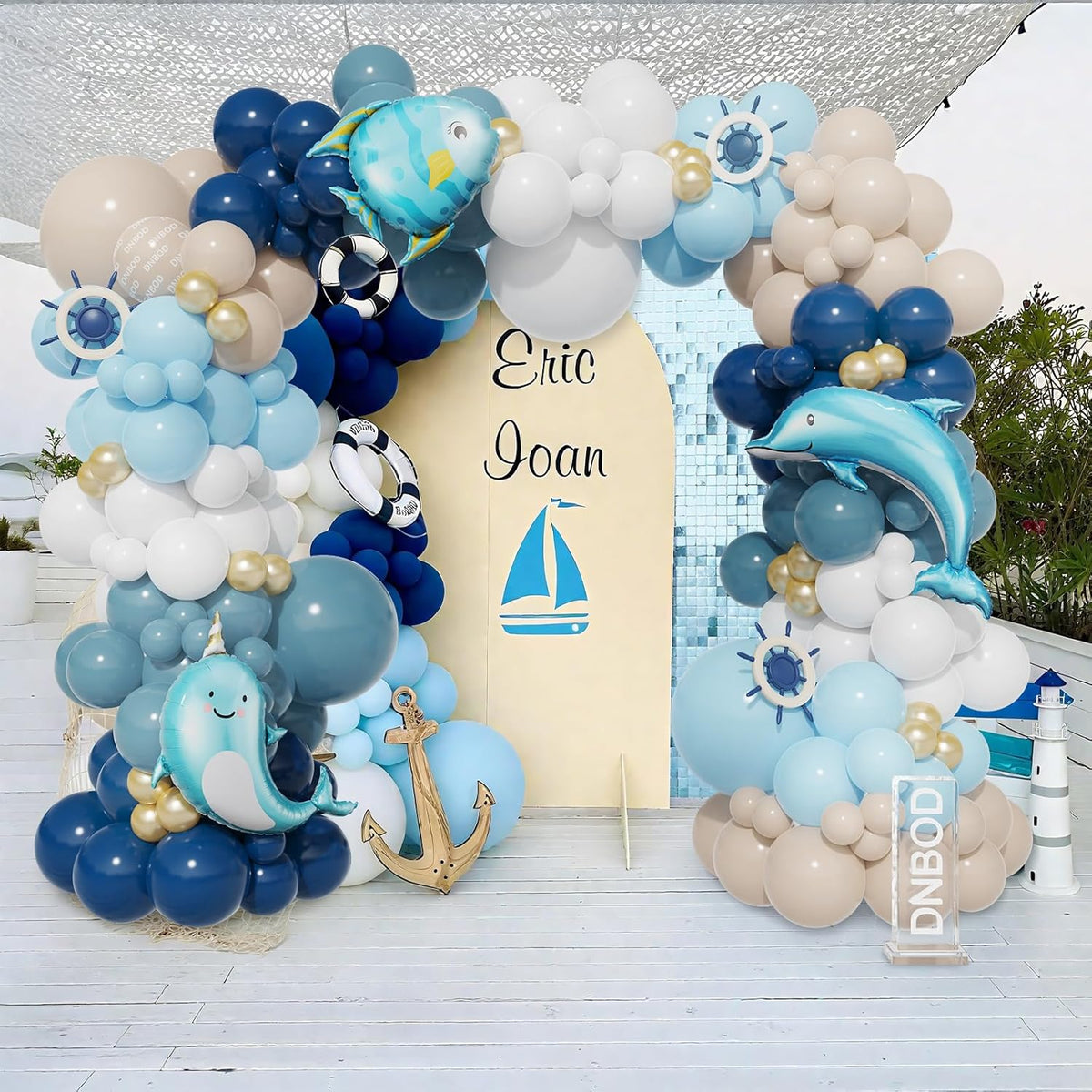 Nautical Balloon Arch Kit,154Pcs Navy Blue Sand White Gold Balloon Garland with Tropical
