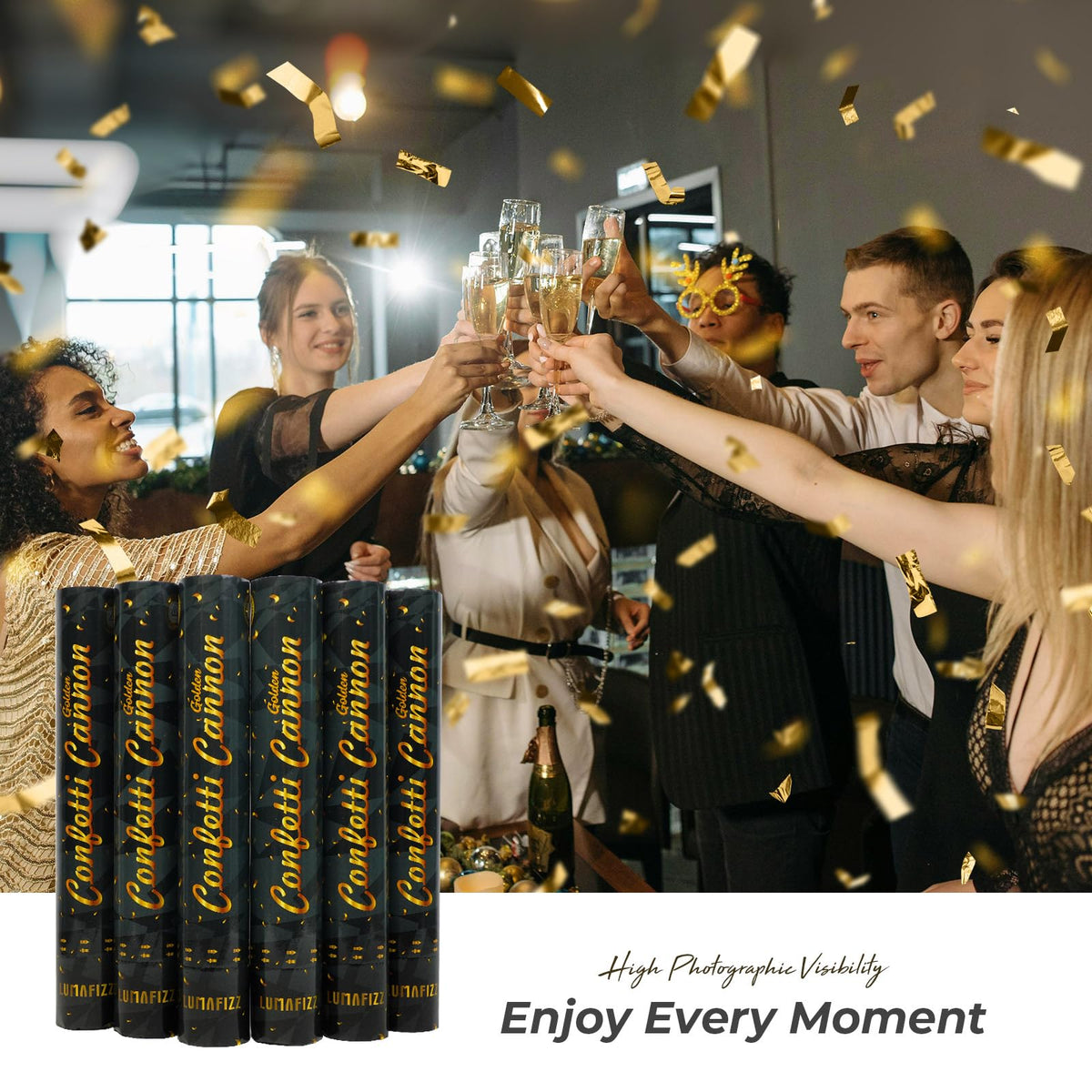 12in Confetti Poppers 6pk, LUMAFIZZ Champagne Gold Party Poppers