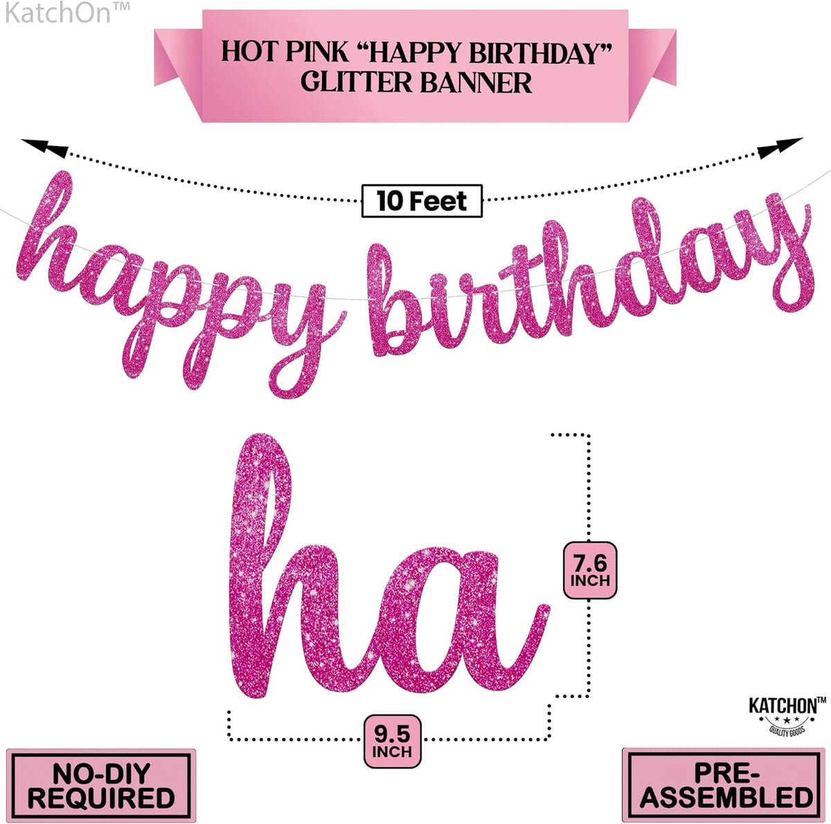 KatchOn, Glitter Pink Cursive Happy Birthday Banner - Pre-Strung, 10 Feet | Birthday Decorations