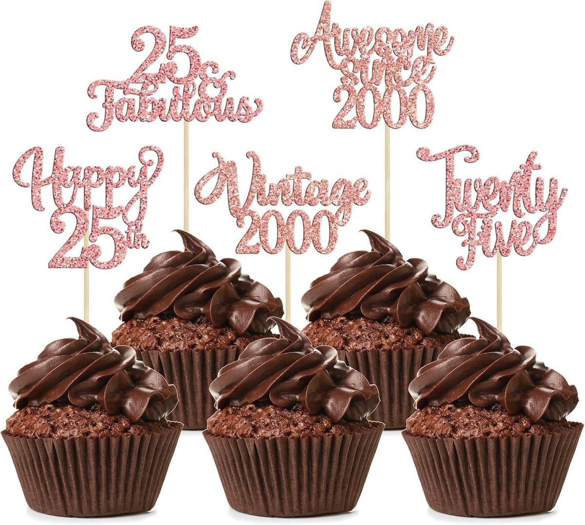 30Pcs Vintage 2000 Cupcake Toppers Glitter Twenty-Five 25 Fabulous Happy 25th Birthday Cupcake
