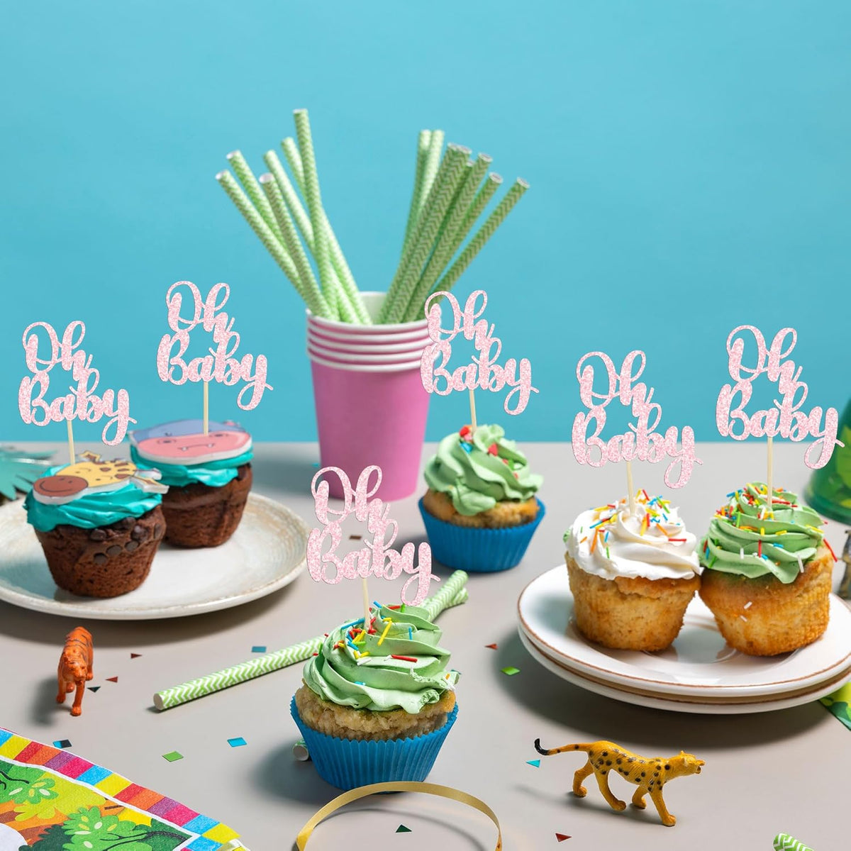 Gyufise 36Pcs Oh Baby Cupcake Toppers Glitter Baby Shower Cupcake Picks for Gender Reveal Baby