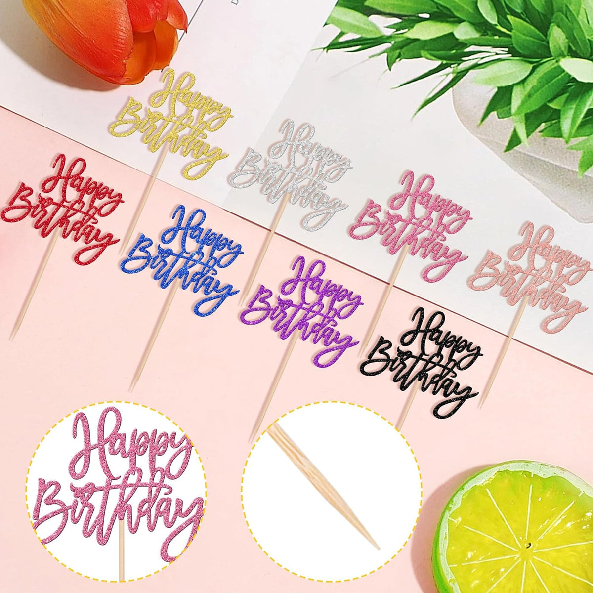 24 PCS Happy Birthday Cupcake Toppers Glitter Picks for Celebrating Party Decorations Anniversary