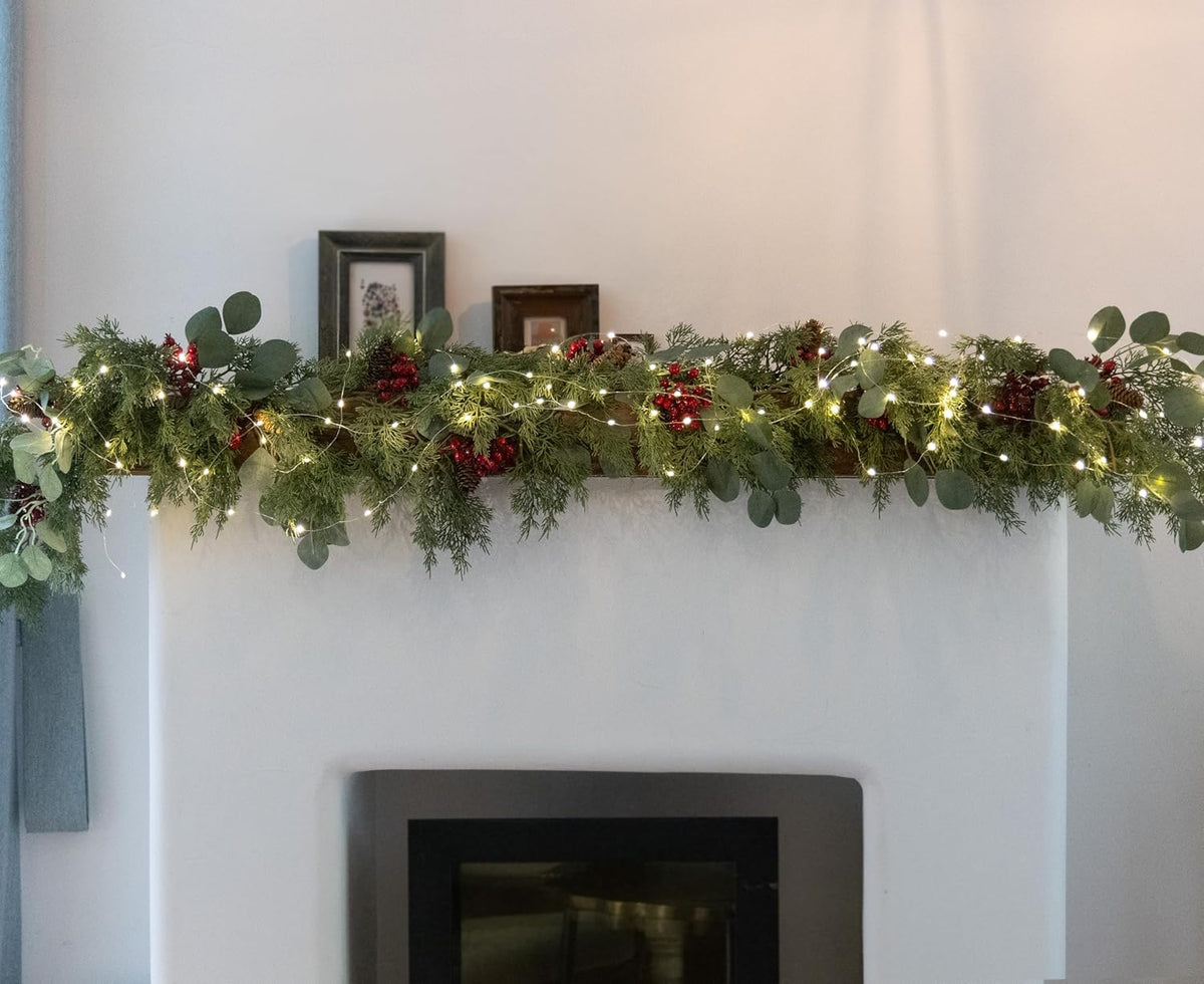 6.3FT Christmas 144 Branch Tips Cedar Garland with LED String Lights, Anna's Whimsy Seasonal
