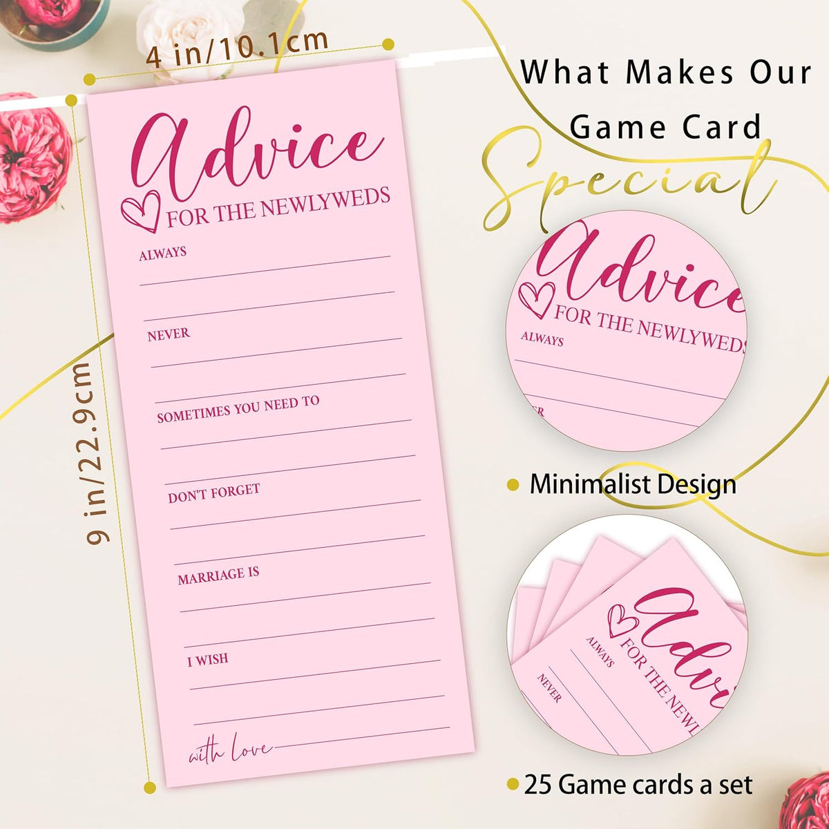 25 Wedding Advice Cards for Bridal Shower Games, Pink Advice and Wishes Cards for Bride and Groom