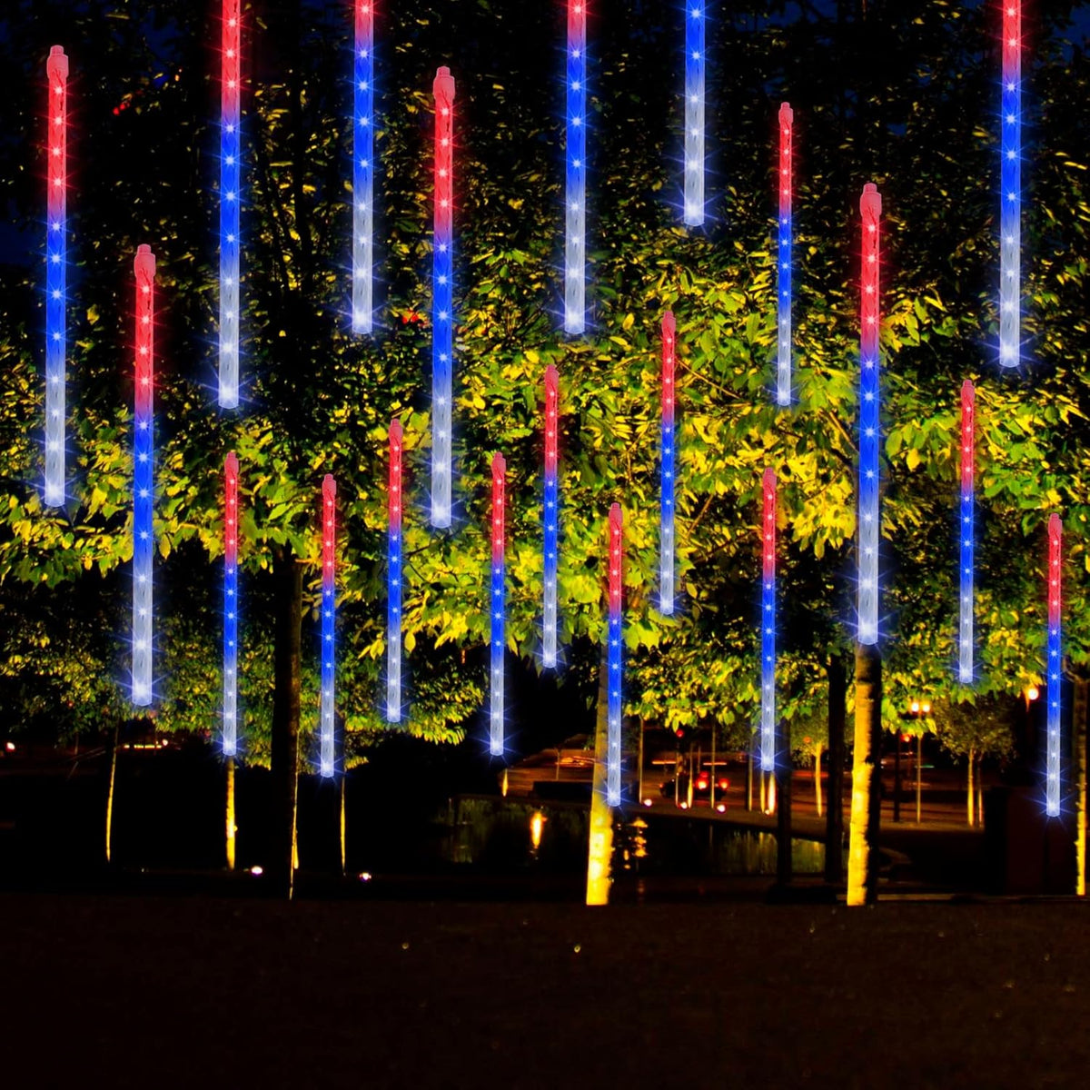 Dazzle Bright 4th of July Lights Decorations, 288LED Red Blue and White Meteor Shower Rain Lights