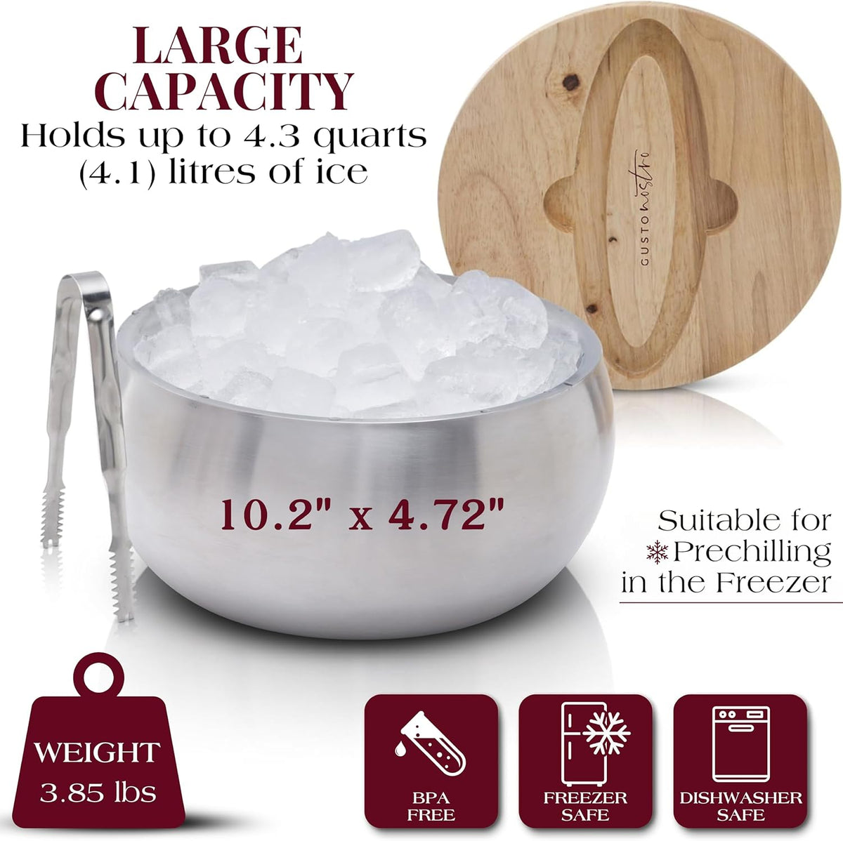 Gusto Nostro 4.1L Insulated Ice Bucket with Lid and Tongs, Double Wall Stainless Steel Ice Bucket