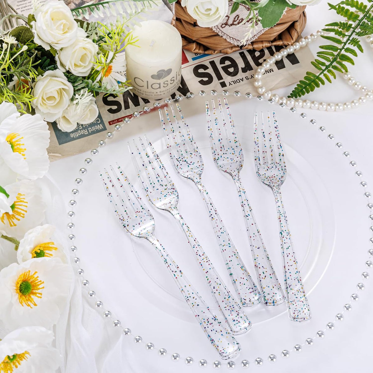 Supernal 360pcs Glitter Disposable Plastic Forks,Plastic Silverware Heavy Duty,Clear Plastic