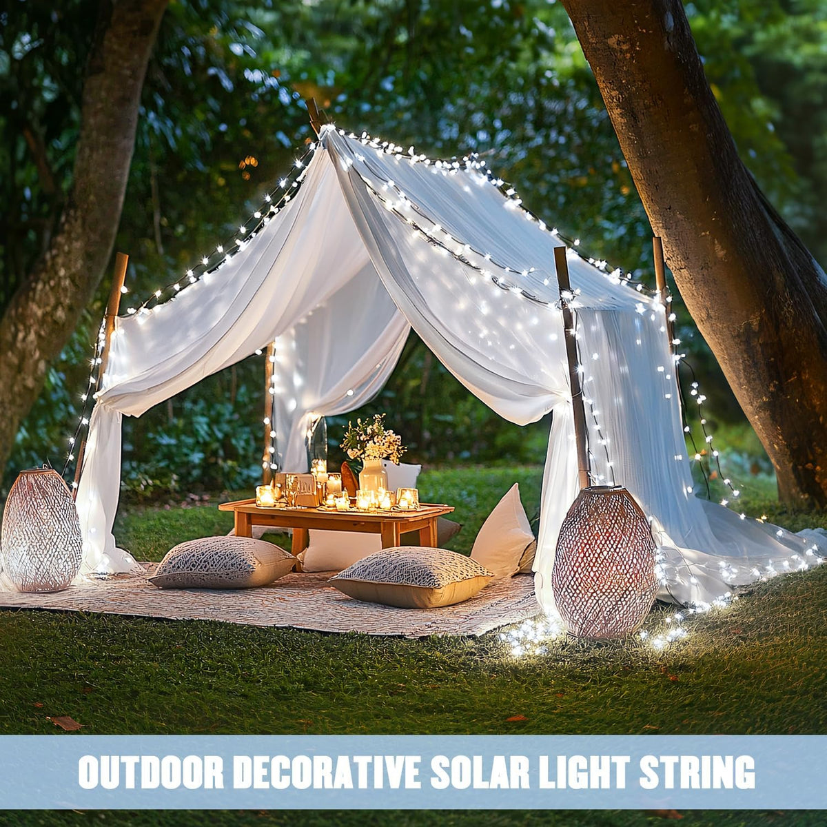 JMEXSUSS 2 Pack White Solar String Lights, Each 100 LED 33ft Green Wire Solar Lights Outdoor