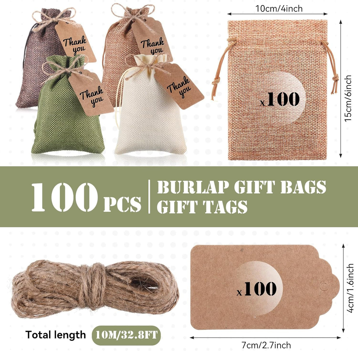 Woanger 100 Pcs Burlap Gift Bags with 100 Pcs Kraft Paper Gift Tags with Drawstring Favor Bulk