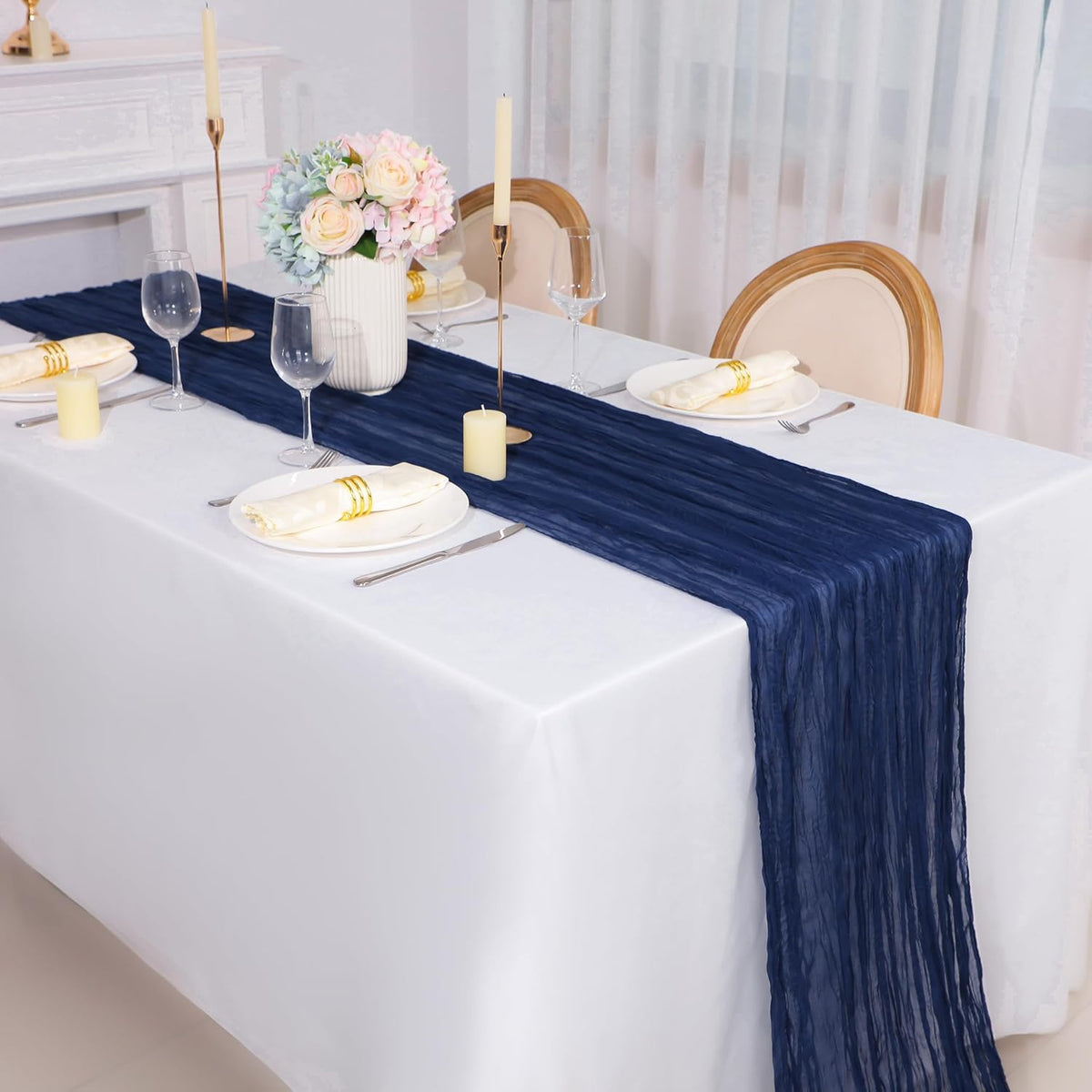 Snowkingdom 13Ft Navy Blue Cheesecloth Table Runner, 160inch Long Cheese Cloth Boho Gauze Runner