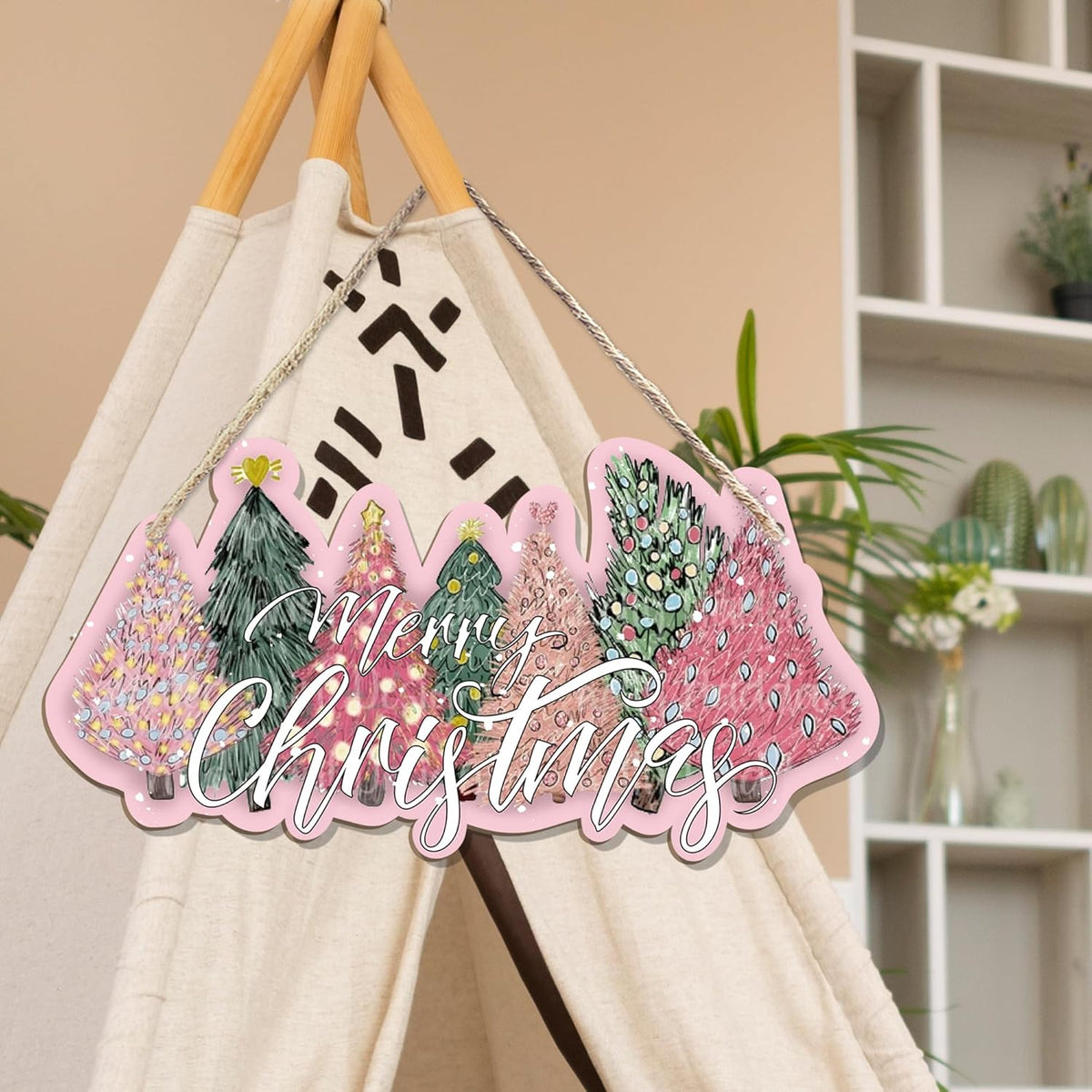 CGBHW Pink and Green Christmas Tree Wooden Sign, Merry Christmas Decoration Hanging Sign Wall