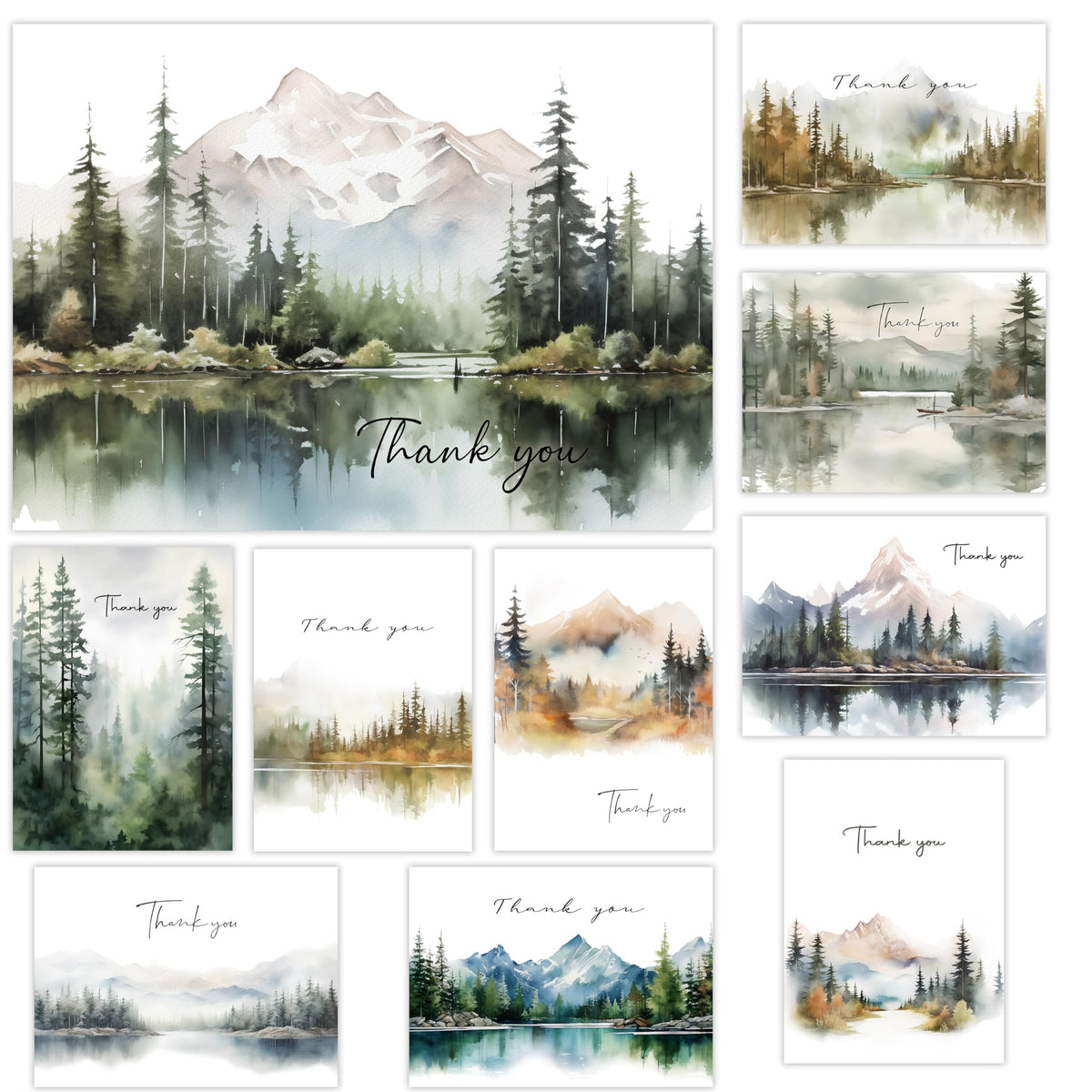 Thank You Cards Set of 20,4x6 Inches Watercolor Nature Forest Thank You Cards with Envelopes