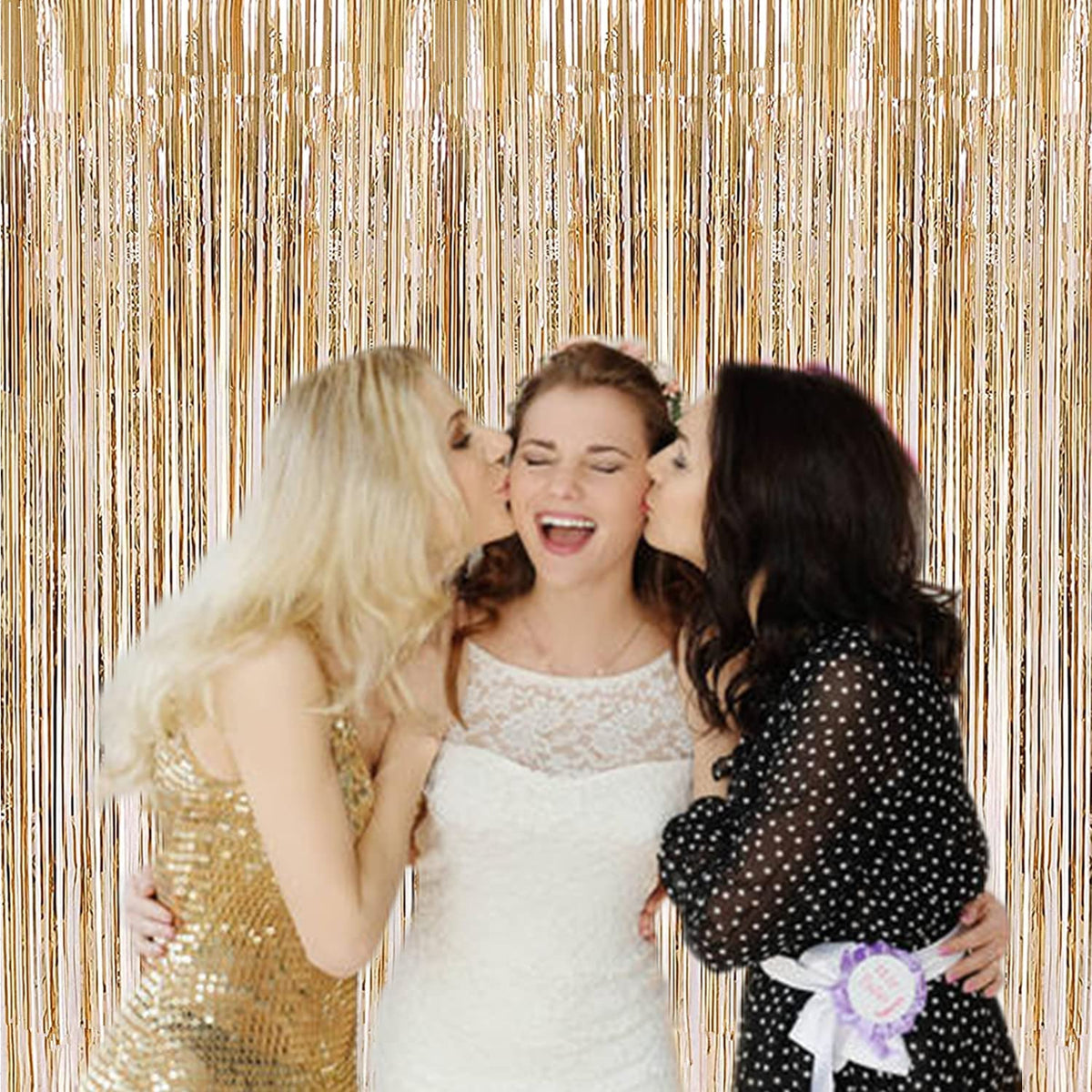 2 Pcs 3.2ft x 8.2ft Champagne Gold Metallic Tinsel Foil Fringe Curtains Photo Booth Backdrop for