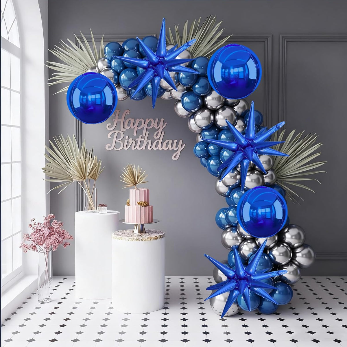 6Pcs Navy Blue Foil Balloons,22Inch Royal Blue 4D Round Ball Balloon and Explosion Star Balloon for