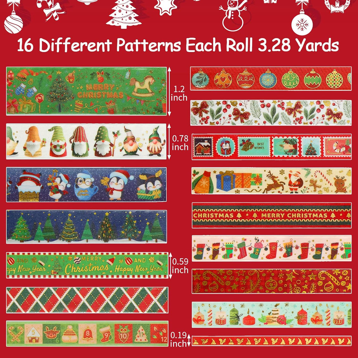 16 Rolls Christmas Washi Tape Holiday Masking Tape 4 Sizes Red Green Christmas Wrapping Tape Glod