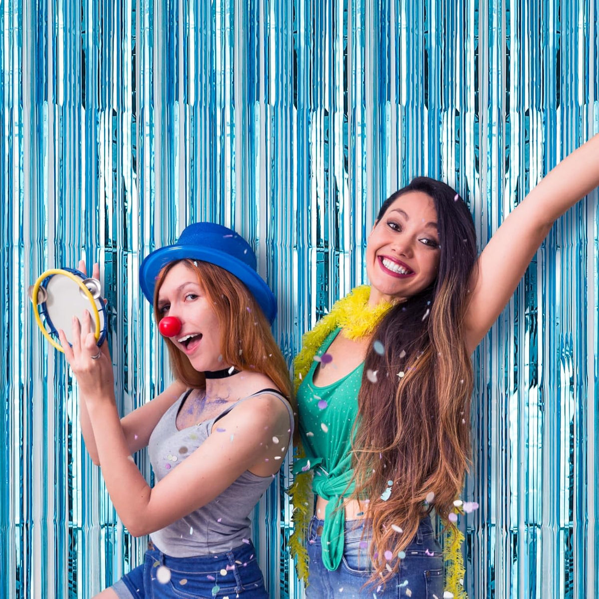 4 Pack 3.3x8.2 Feet Light Blue Foil Fringe Backdrop Curtains, Tinsel Streamers Birthday Party