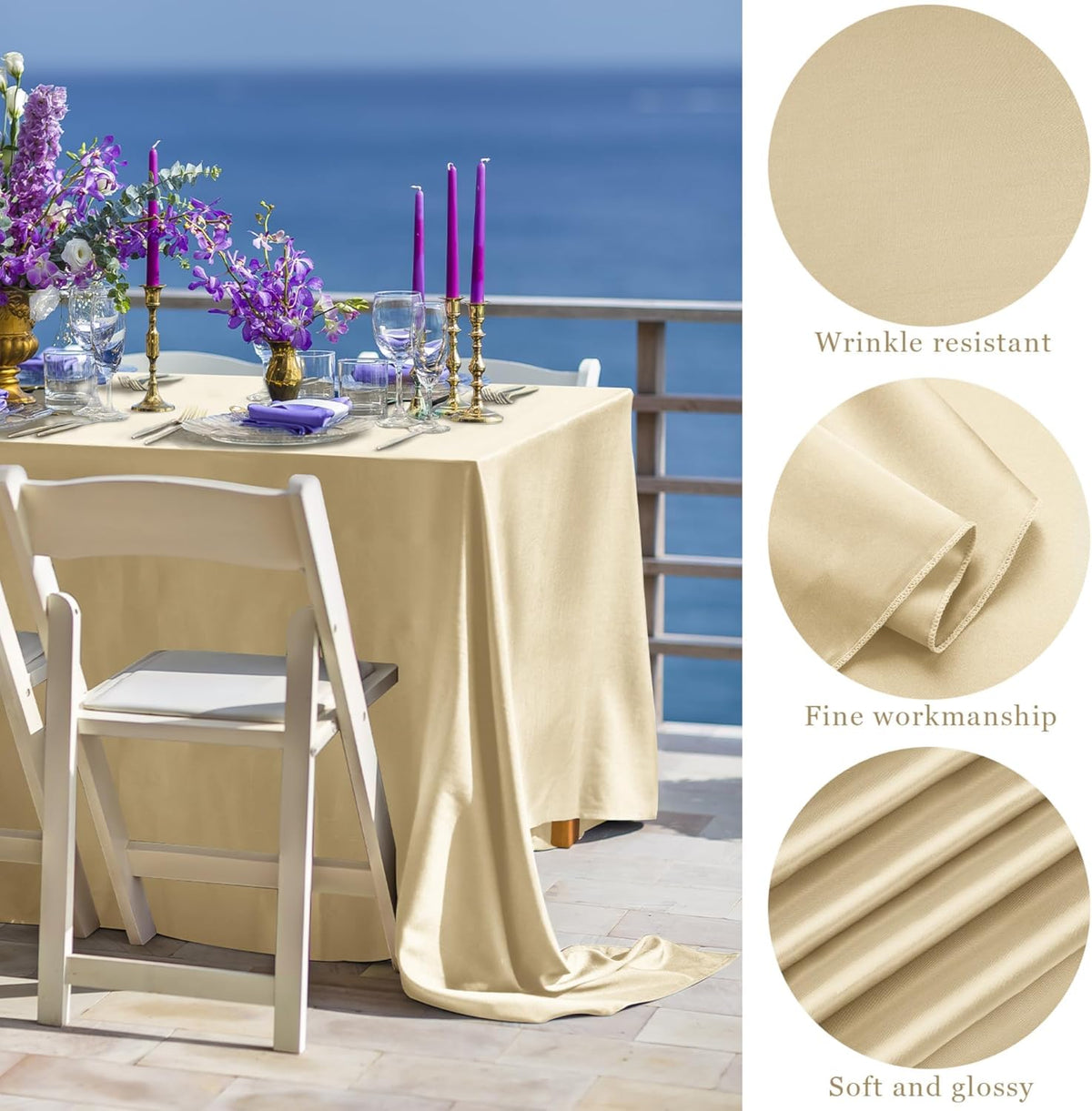 TURSTIN 8 Packs Champagne Satin Tablecloth 102 x 58 Inch Overlay Satin Table Cover Rectangle Bright