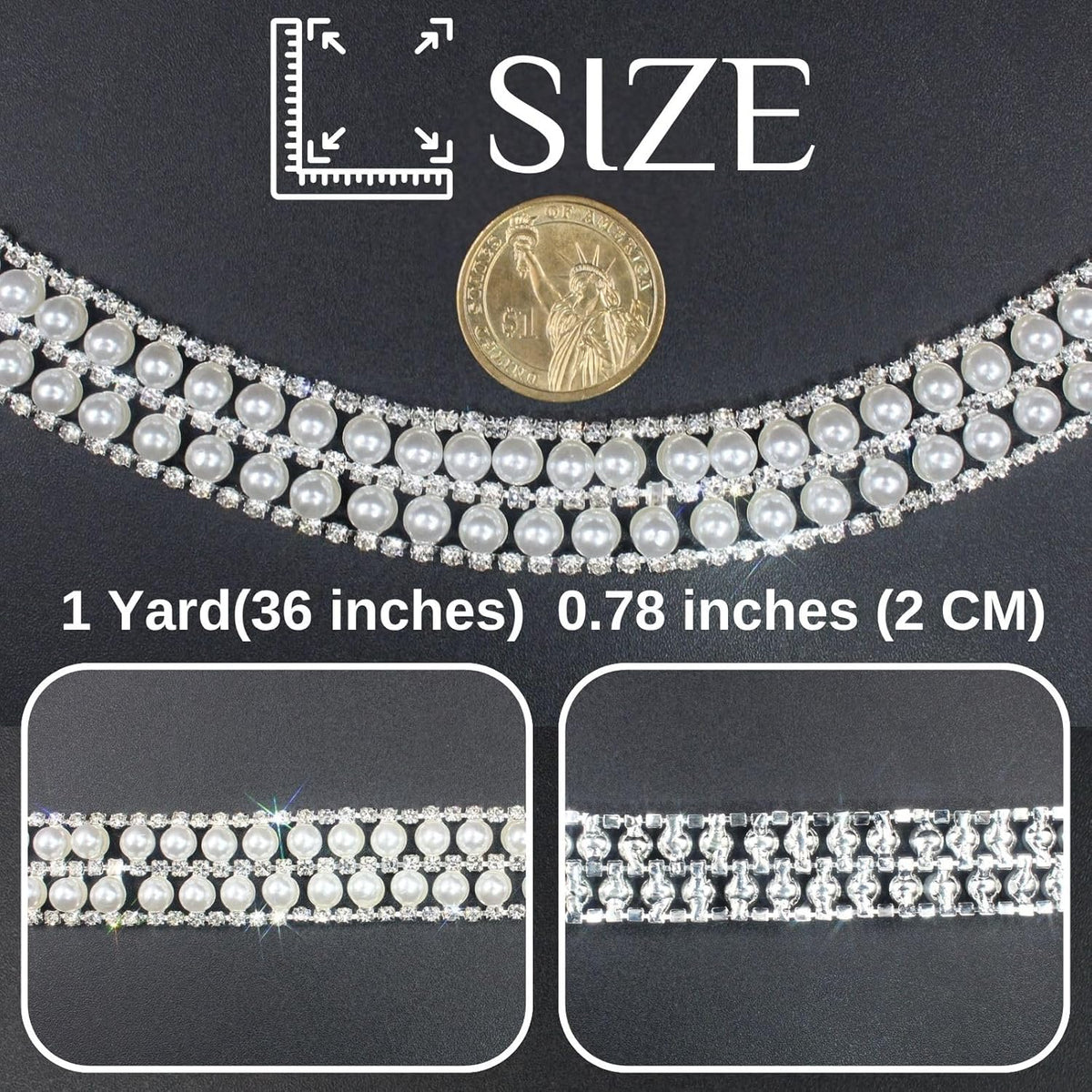 PEARLY JUN 1 Yard Pearl Rhinestone Trim Chain Silver Crystal Fringe Diamond Applique Ribbon String