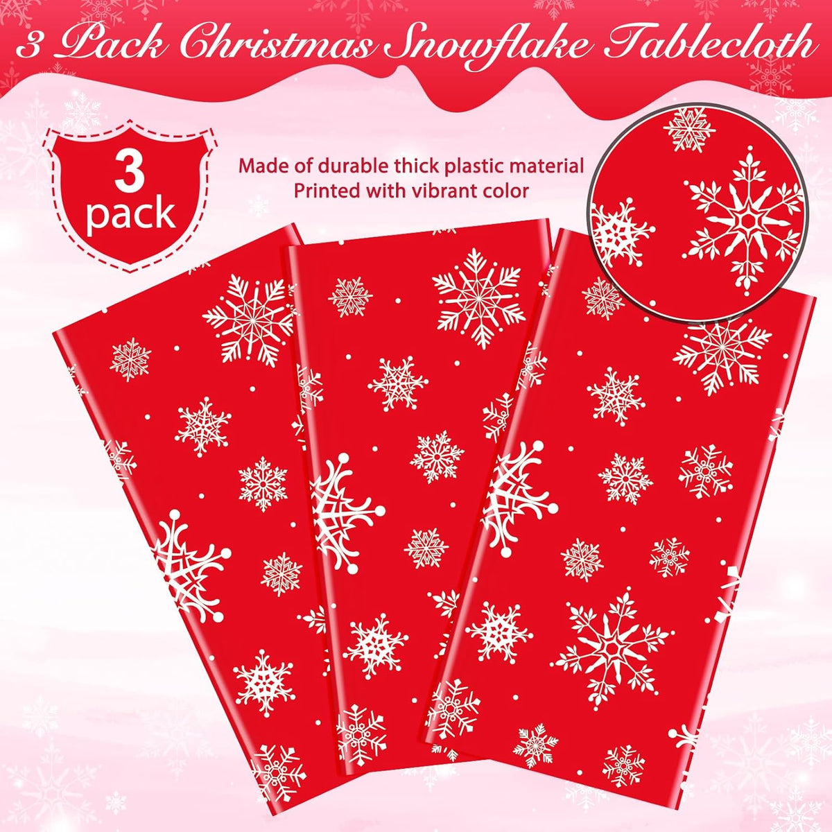 Jectivs 3 Pieces Christmas Snowflake Plastic Party Tablecloth Decorations,White Snowflake Red Xmas