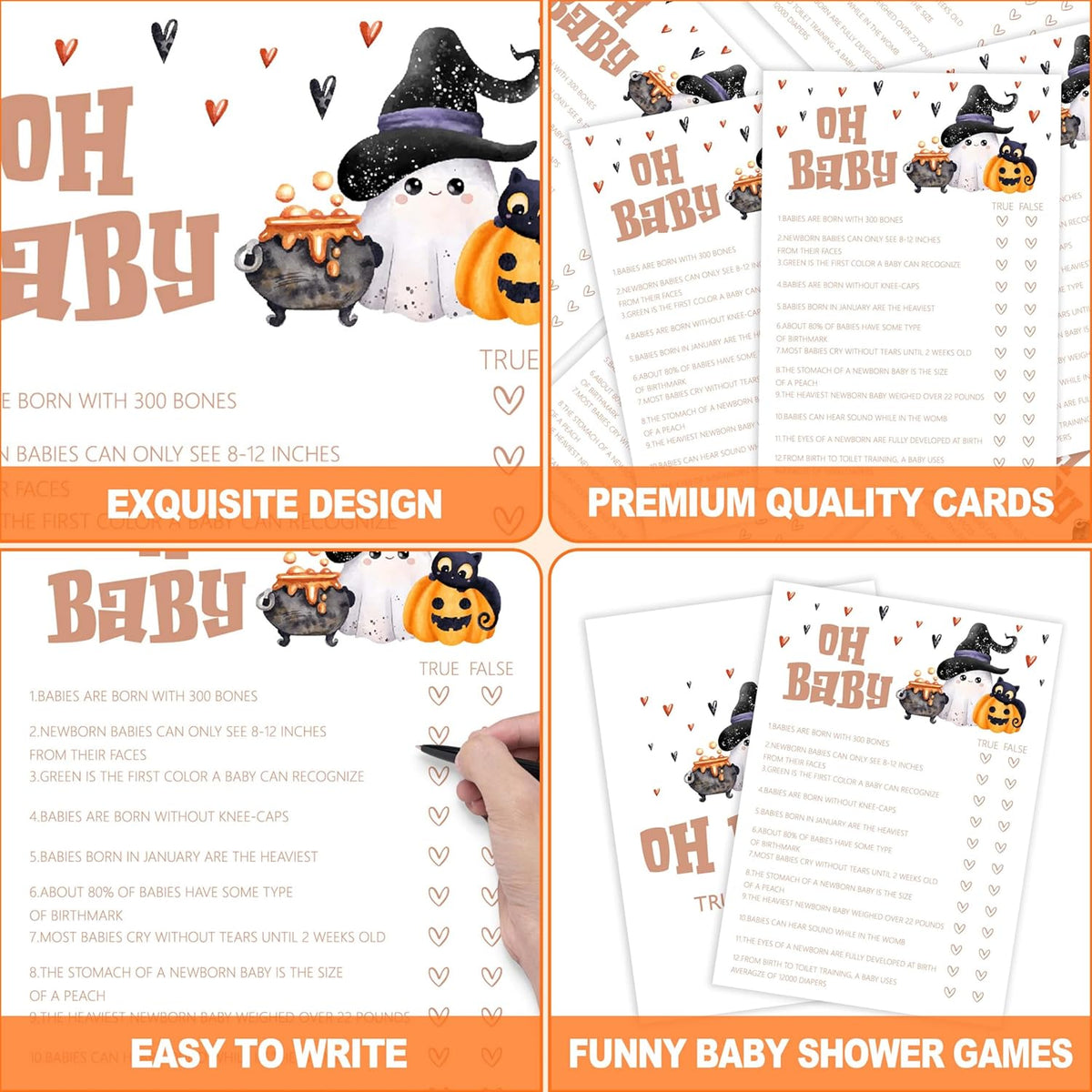 Baby Shower Games, Halloween Oh Baby True or False, 25 Double-Sided Game Cards + 1 Answer Card for