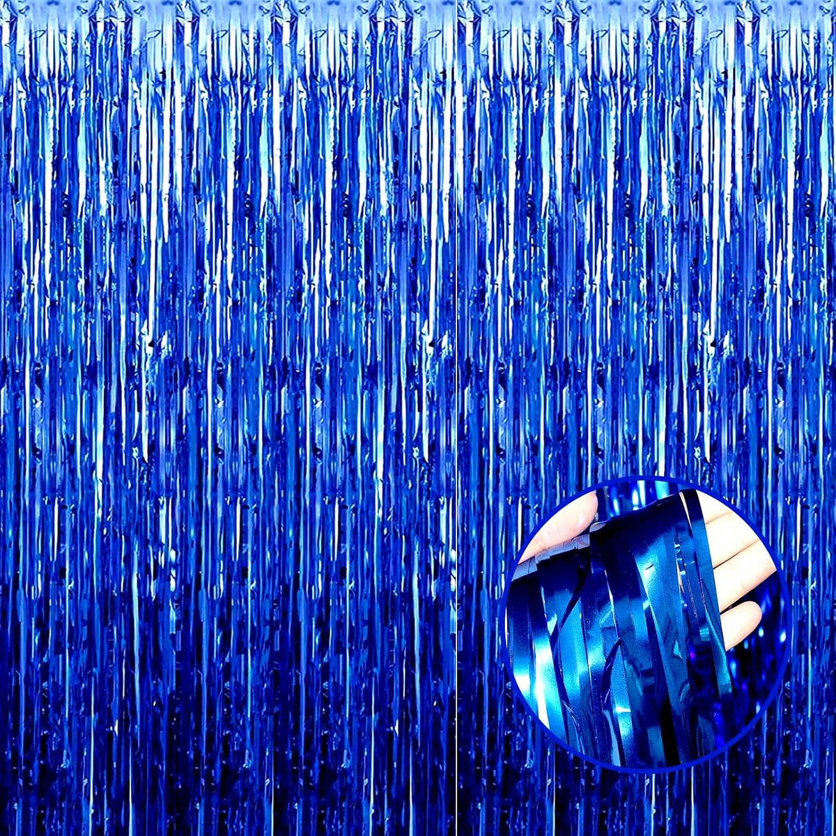 4 Pack Blue Foil Fringe Curtain Backdrop, 3.28Ftx8.2Ft Metallic Tinsel Streamers for Sea Party
