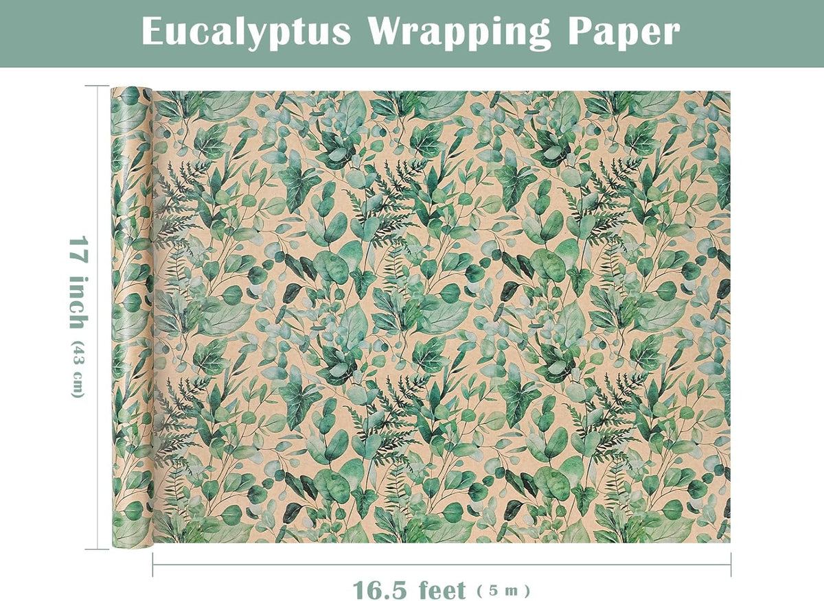 WRAPAHOLIC Kraft Eucalyptus Leaves Wrapping Paper Roll - Mini Roll - 17 Inch x 16.5 Feet - Greenery
