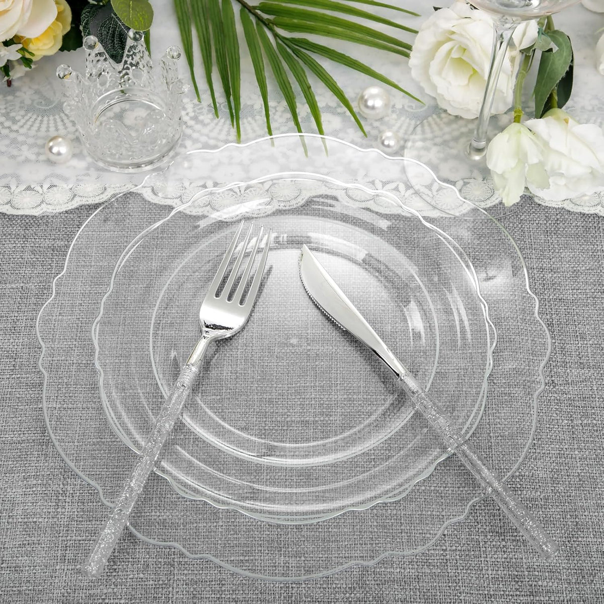 Liacere 150PCS Clear Silver Plastic Plates & Disposable Silver Plastic Silverware with Glitter