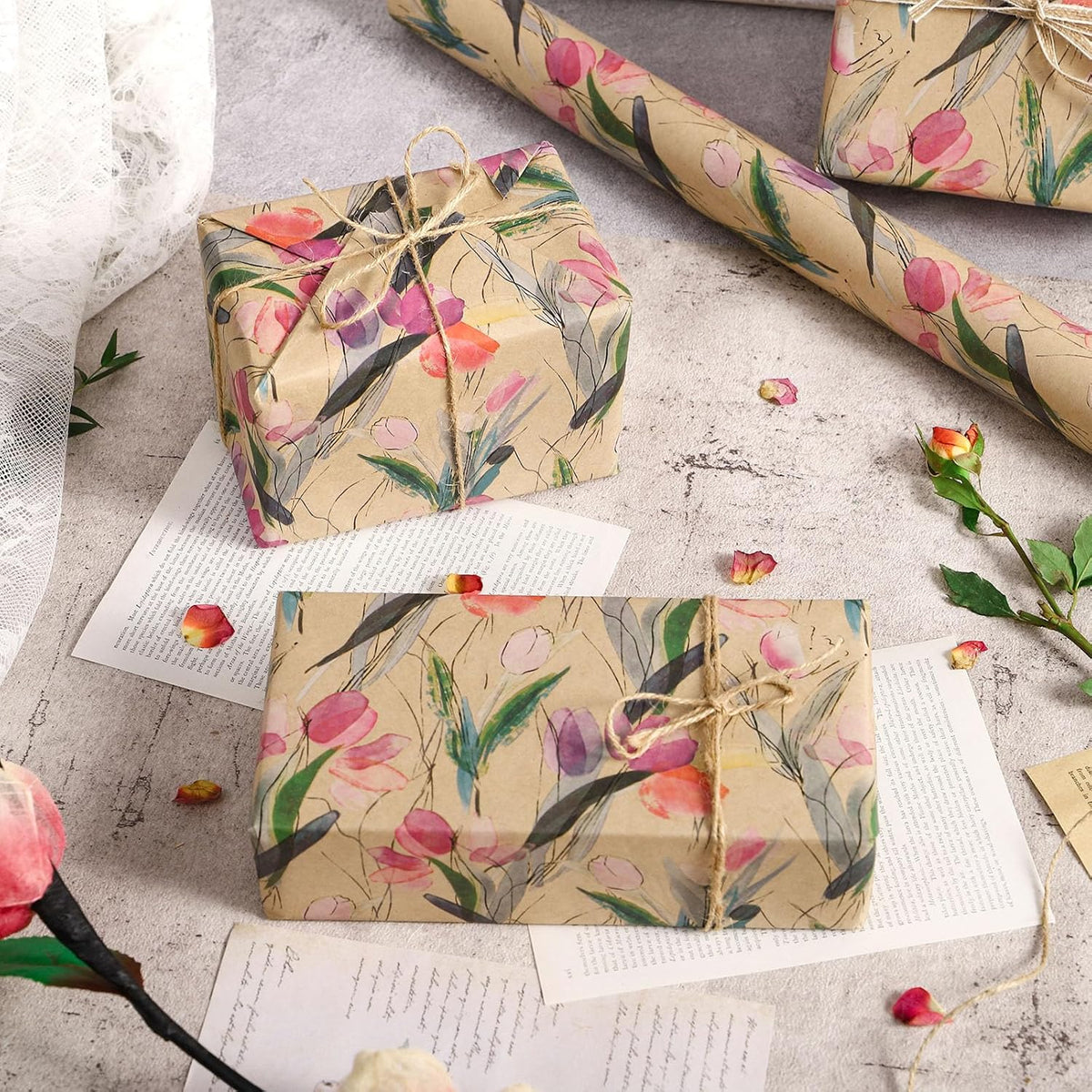 RUSPEPA Tulips Floral Wrapping Paper Roll, Watercolor Gift Wrap, Mini Roll Kraft Paper Roll for