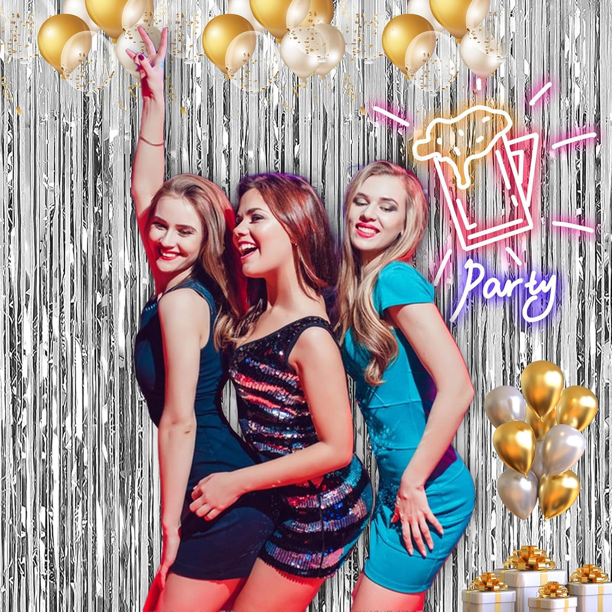 2 Pack 3.28 ft x 6.56 ft Silvery Tinsel Curtain Party Backdrop Decorations, Metallic Foil Fringe