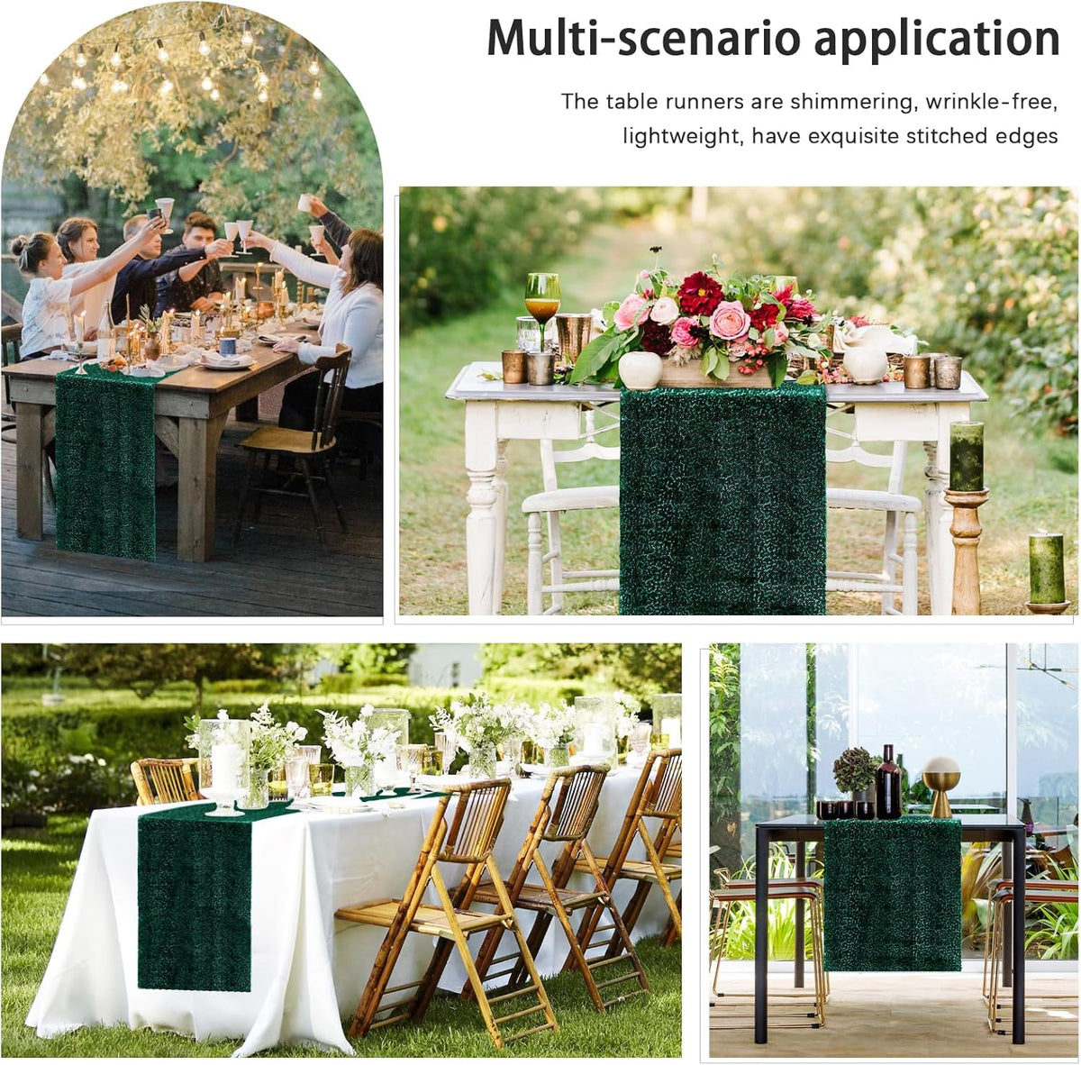 6 Packs 12 x 72 inches Sequin Table Runner, Hunter Green Glitter Table Runner for Birthday Party
