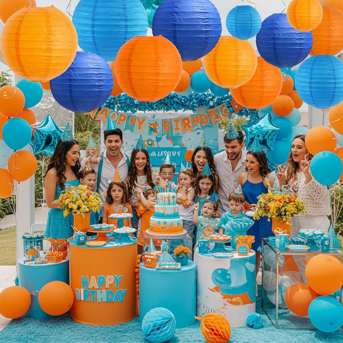 BEISHIDA 12Pcs Blue Orange Paper Lanterns Decorative Hanging Round Paper Lanterns Lamp for