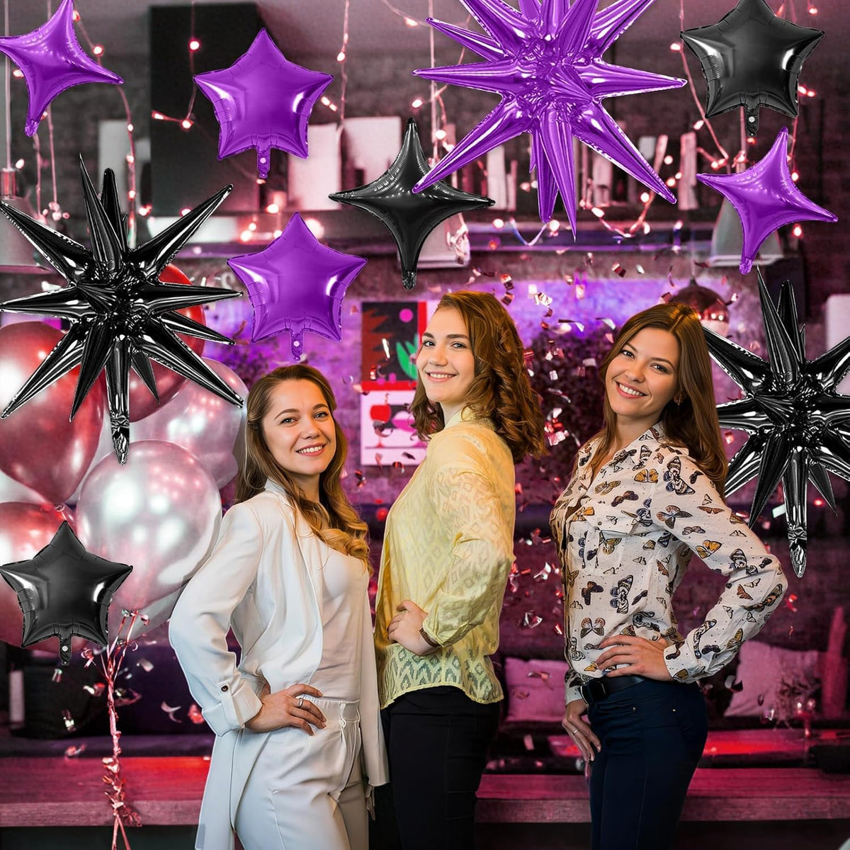 Purple Black Star Balloon,16Pcs Star Foil Balloons Set with 22Inch Explosion Spike Cone Balloons