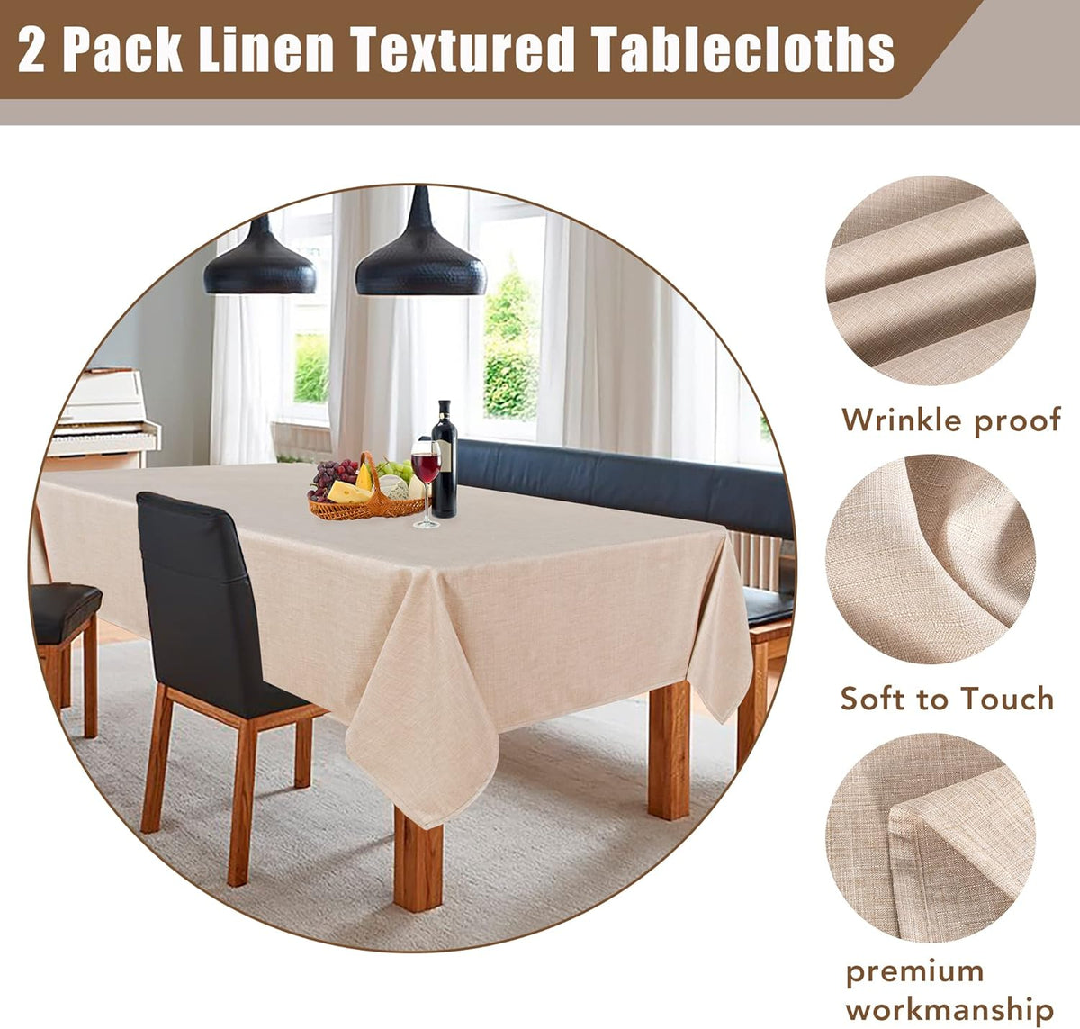 Fitable Beige Square Tablecloths 2 Pack, Linen Look Fabric Table Clothes, Rustic Holiday Table