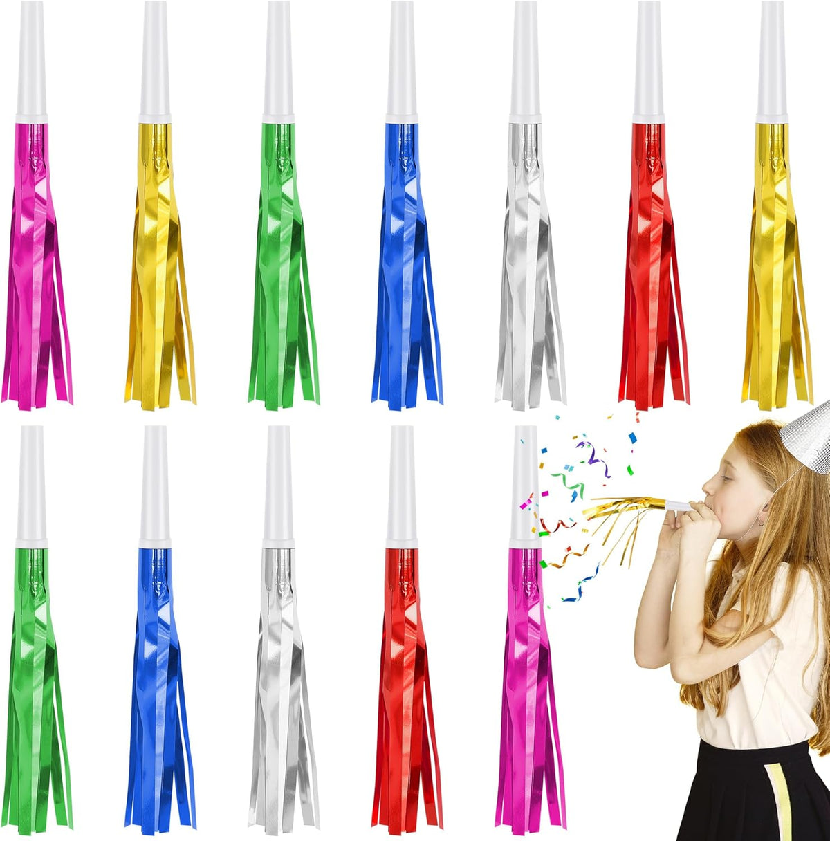 12 Pcs Glitter Noise Makers Metallic Fringed Party Blower for Adults Birthday Graduation New Years