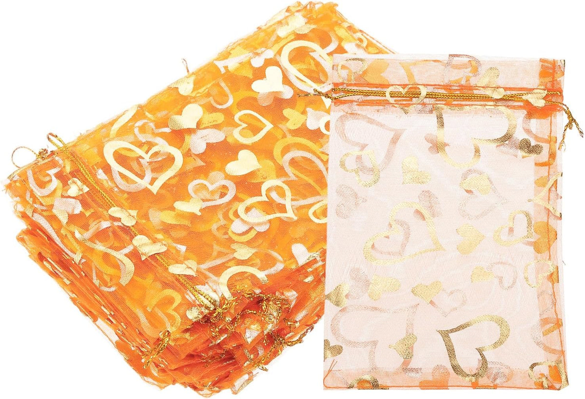 PATIKIL 100 Pcs 4x6 Inch Heart Printed Organza Bags, Orange Sheer Heart Organza Bags with
