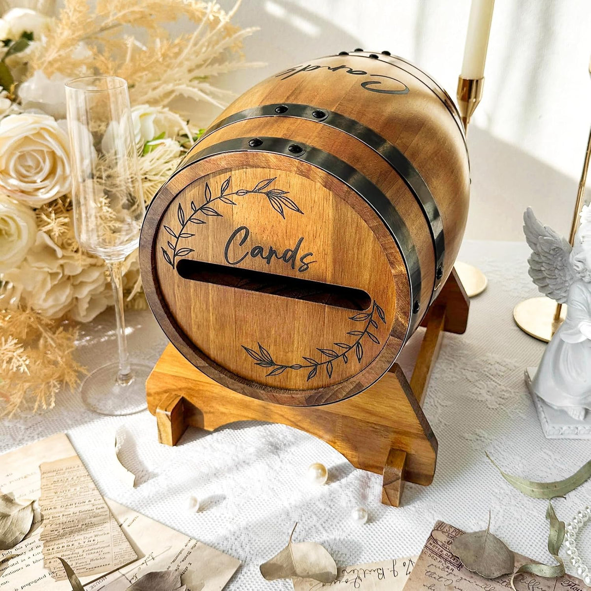 OurWarm Wooden Wedding Card Box for Party with Base, Brown Whiskey Barrel Gift Card Box Holder for