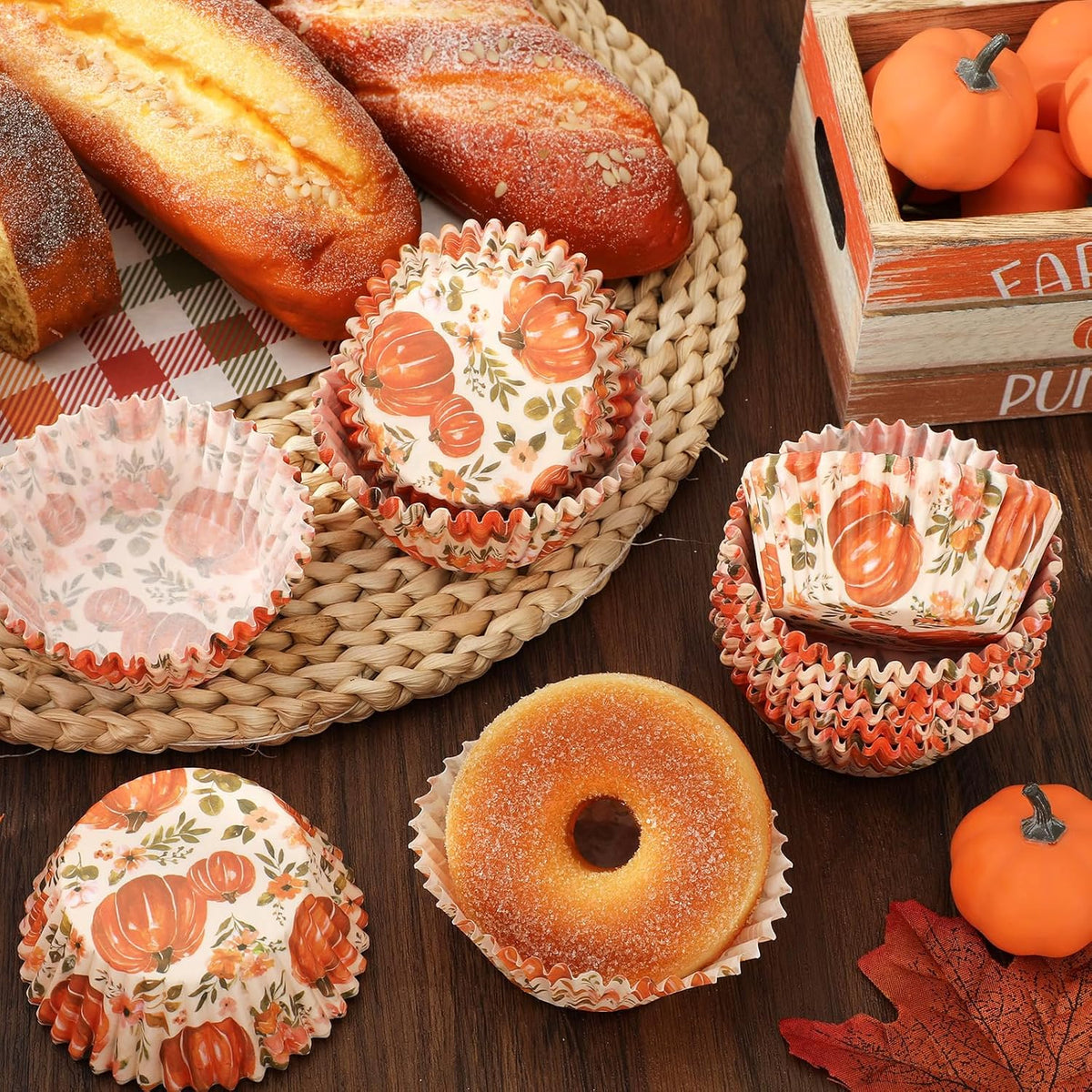 Whaline 300Pcs Fall Cupcake Liners Watercolor Pumpkin Flower Paper Baking Cups Autumn Floral Muffin