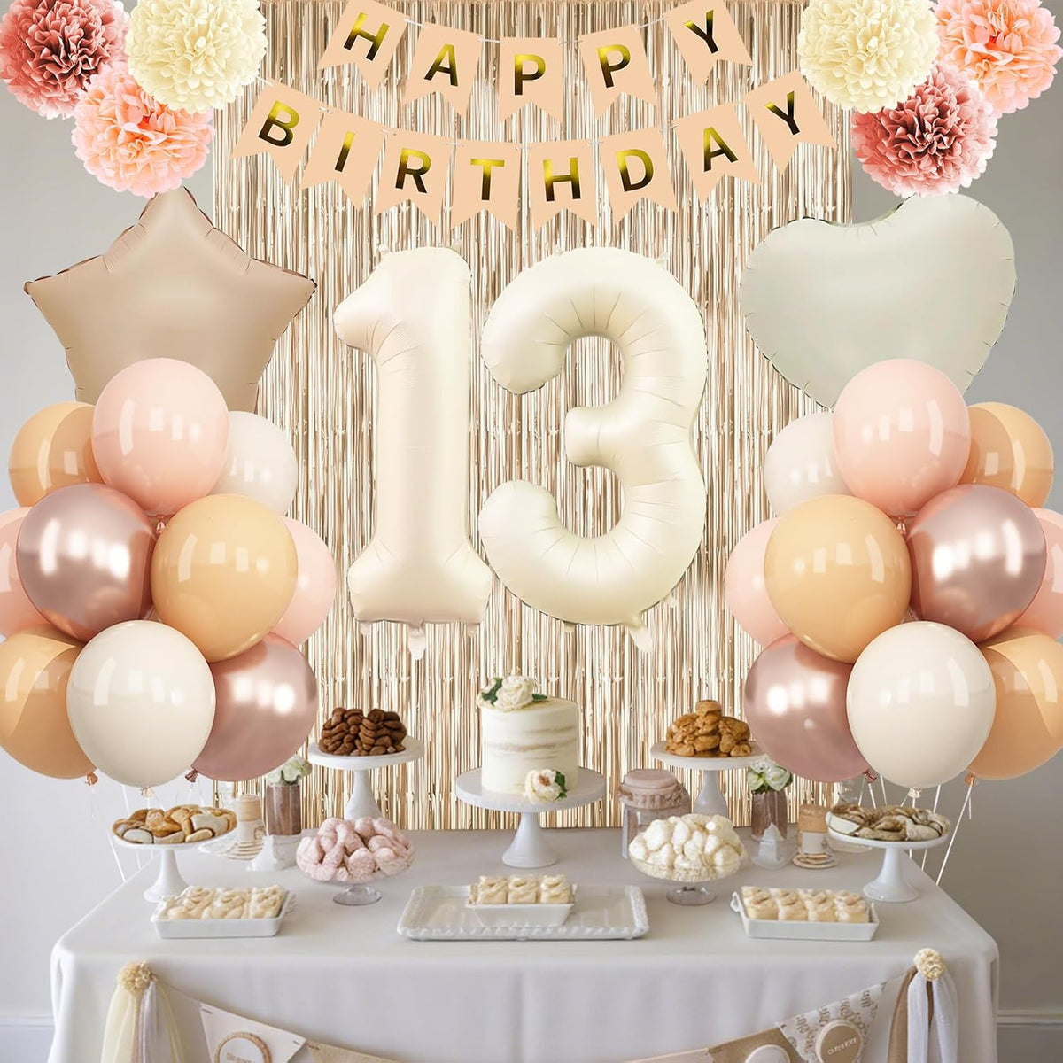Beige 13th Birthday Decorations Girls Boys Cream Number 13 Balloon Nude Gold Happy Birthday Banner