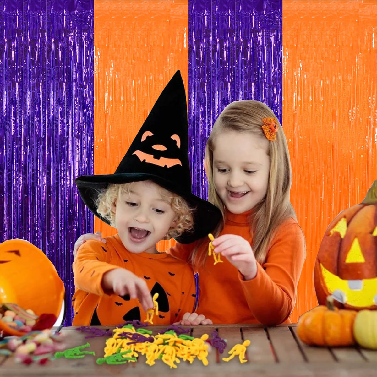 BEISHIDA 2Pcs Orange Purple Door Streamer Happy Halloween Backdrop Foil Fringe Tinsel Horry Party