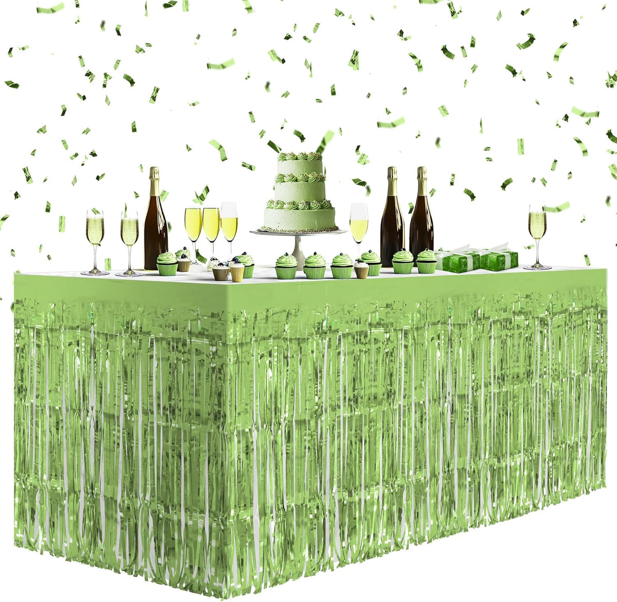 2 Pack Light Green Table Skirts, 29x108" Metallic Foil Tinsel Fringe Table Skirts for Rectangle